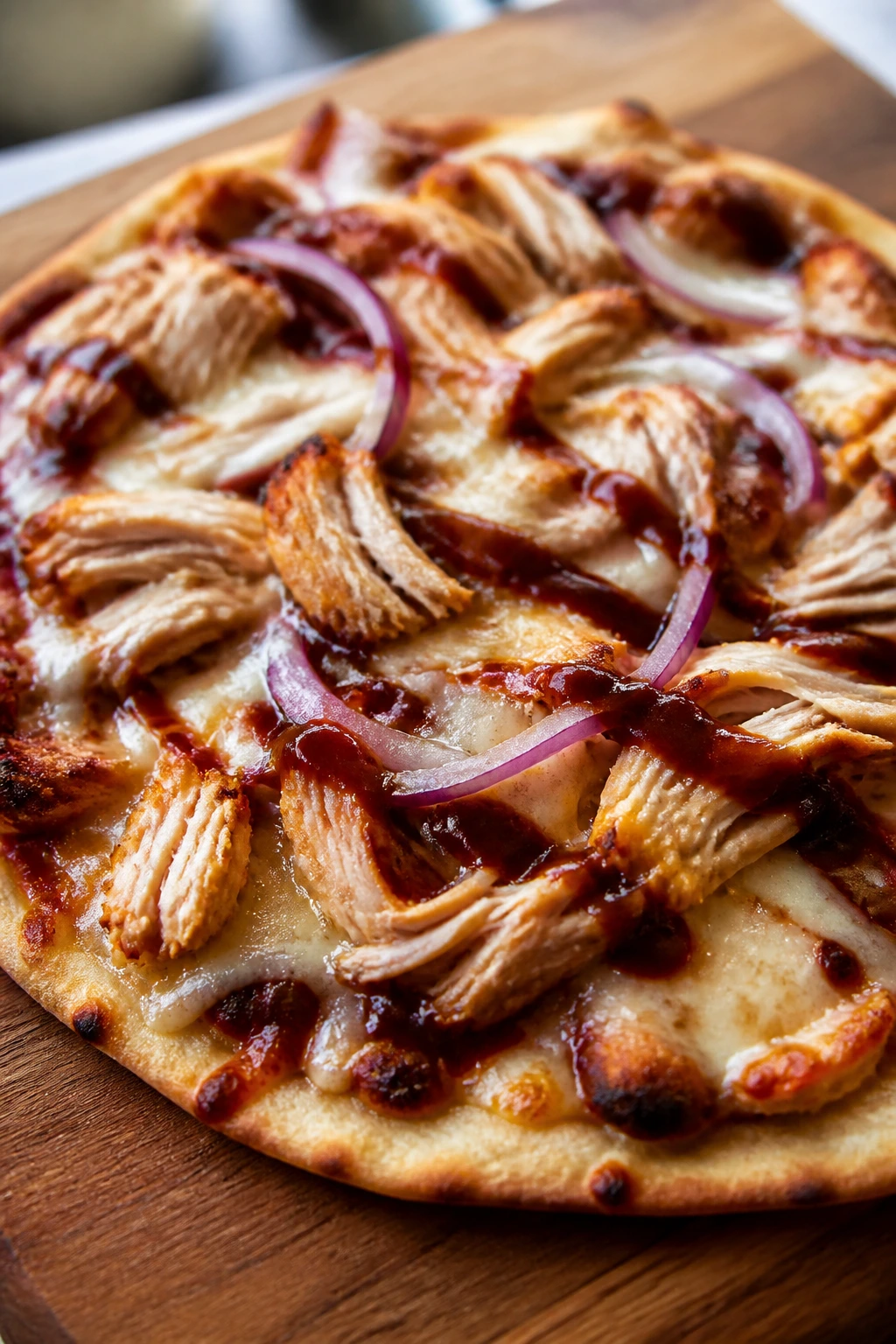BBQ chicken flatbread on a wooden board in a cozy kitchen.