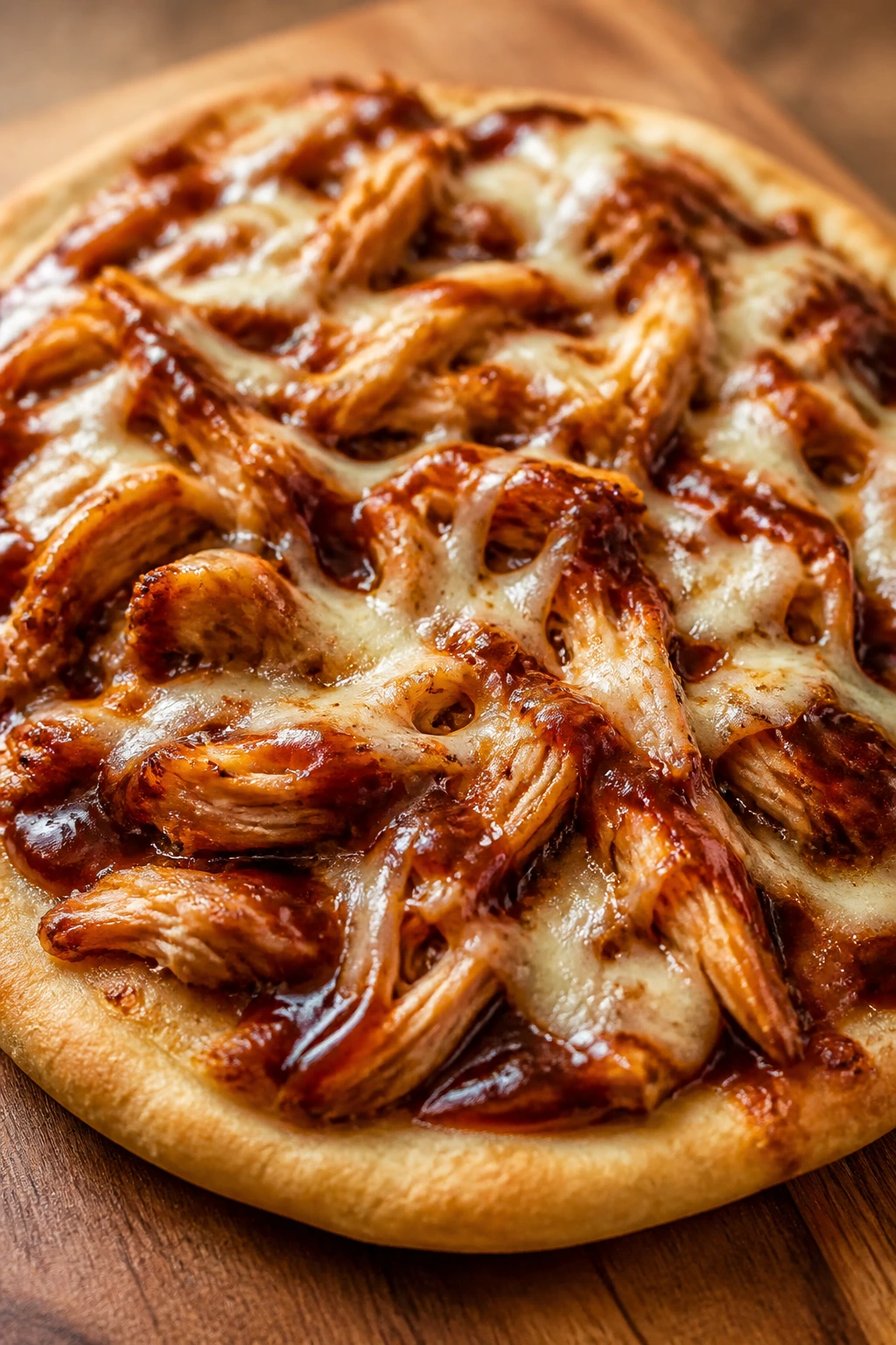 Close-up of BBQ chicken flatbread with cheese on a wooden surface
