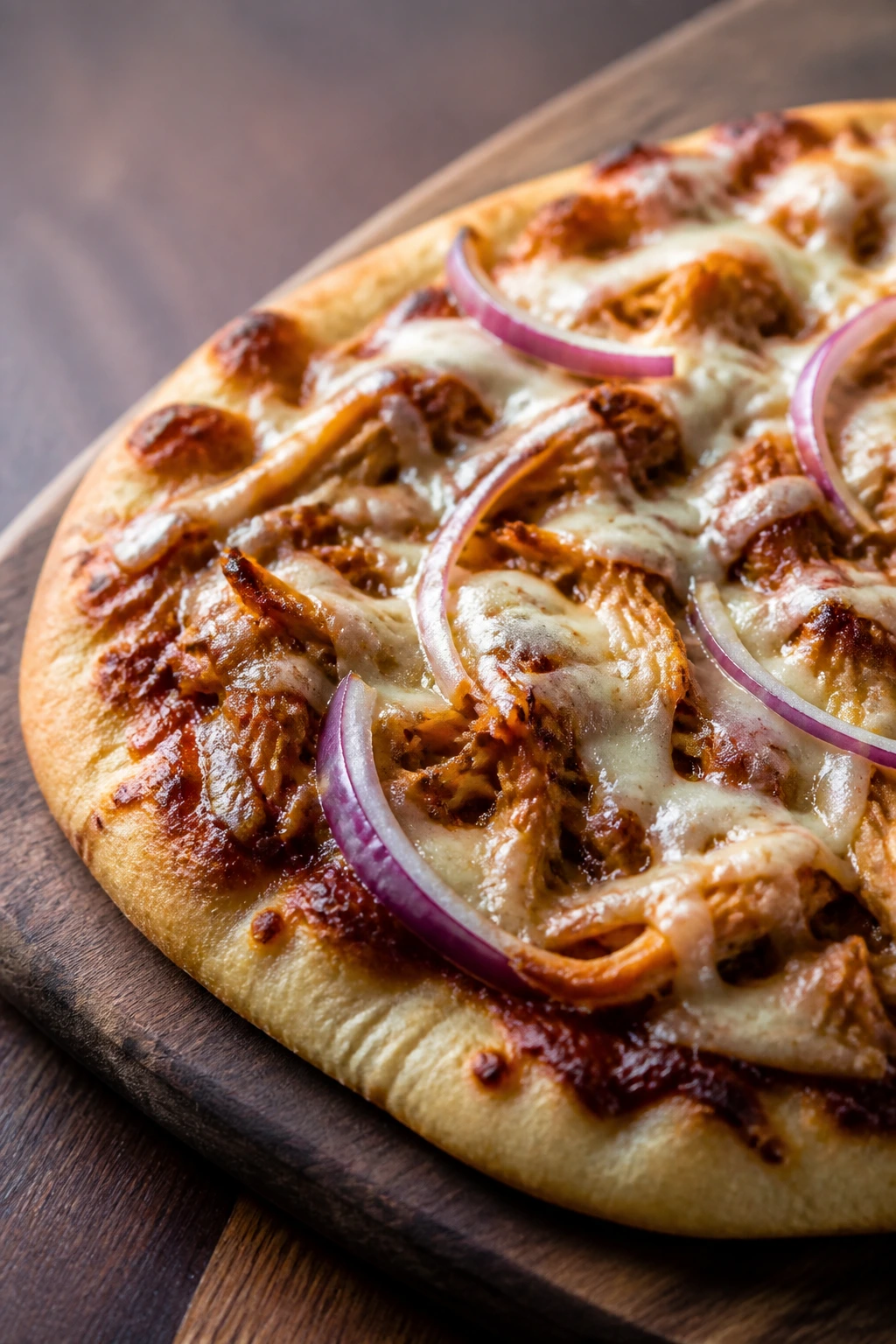 Close-up of BBQ chicken flatbread with melted cheese on a wooden board