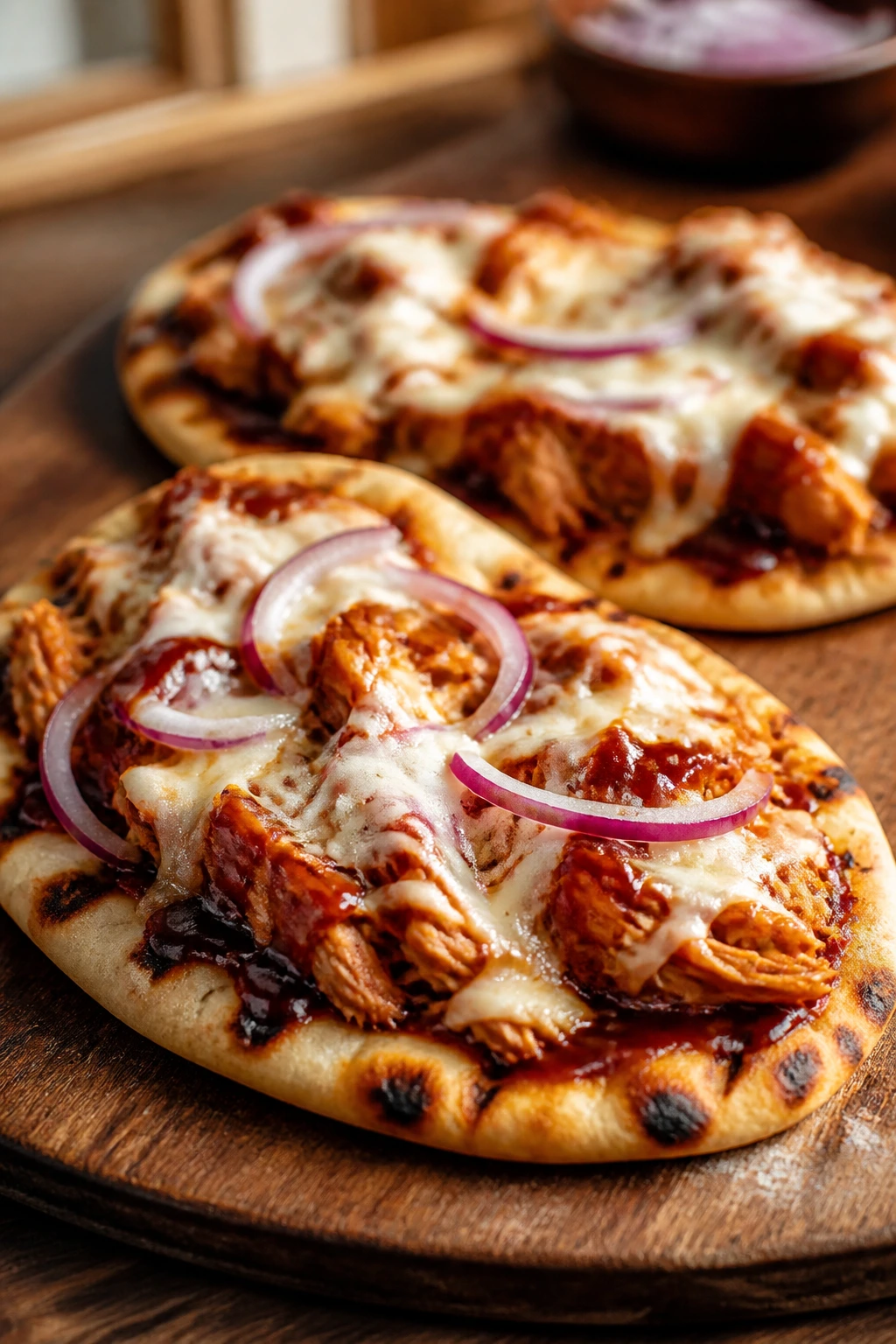 Close-up of BBQ chicken flatbread with cheese and onion on a wooden board