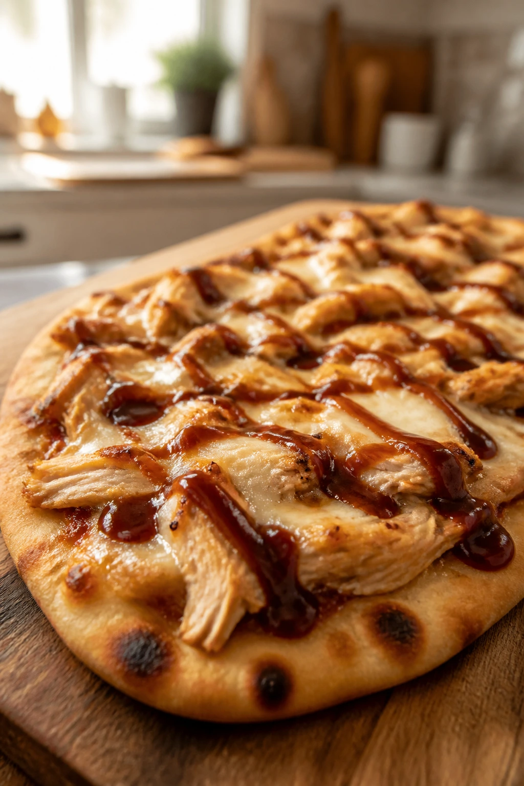 Close-up of BBQ chicken flatbread on a wooden cutting board.