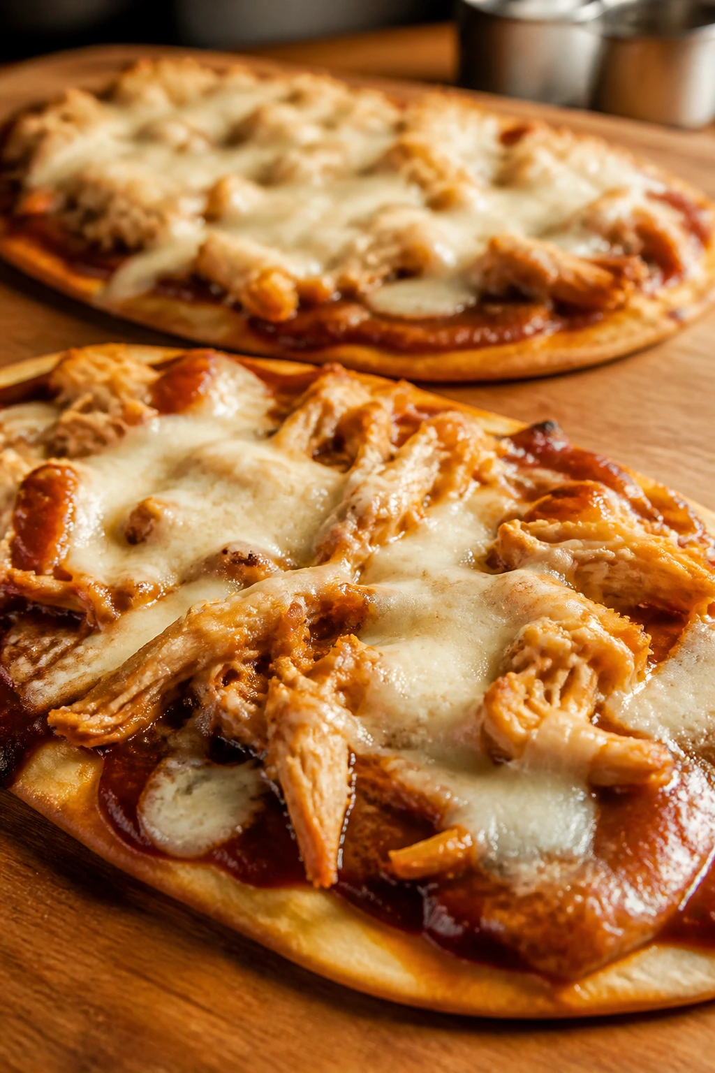 Close-up of BBQ chicken flatbread pizzas with mozzarella