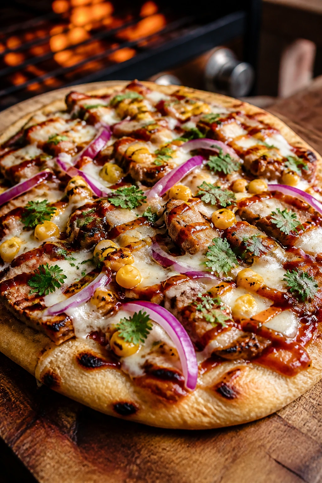 Close-up of BBQ chicken flatbread on a rustic board