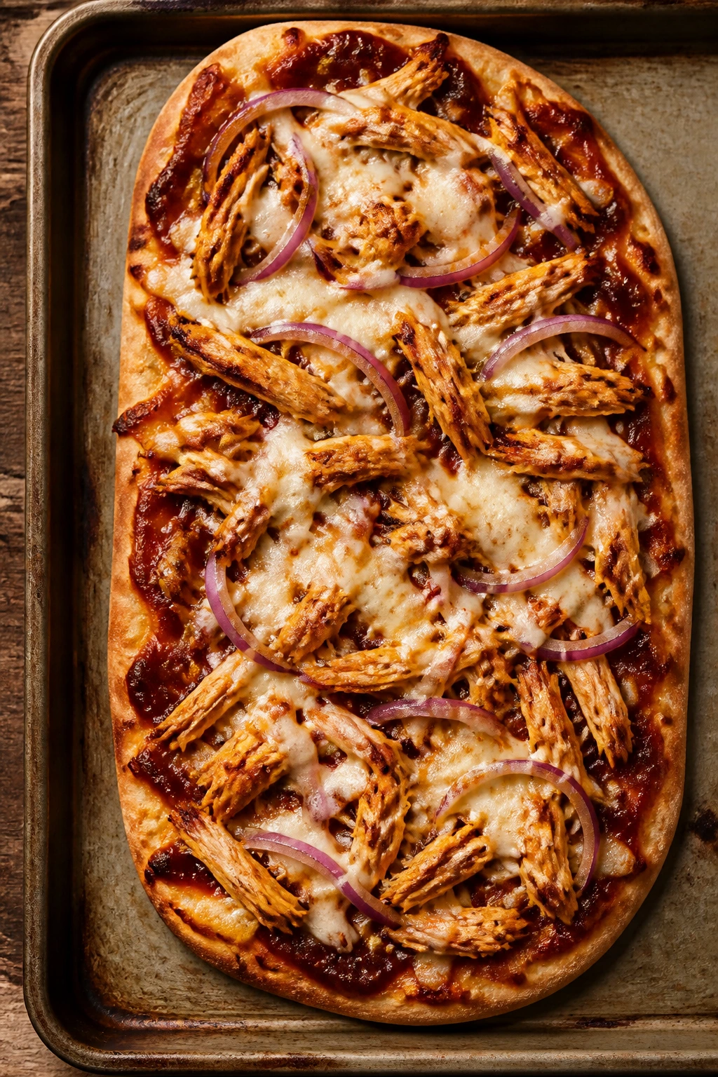 BBQ chicken flatbread pizza close-up with crispy crust and melted cheese