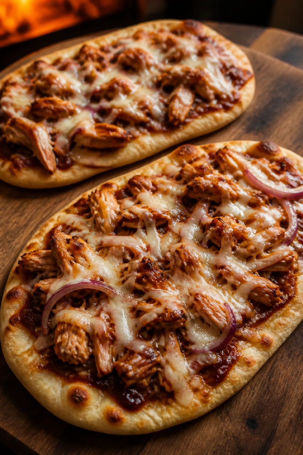 Two BBQ chicken flatbread pizzas on a wooden board