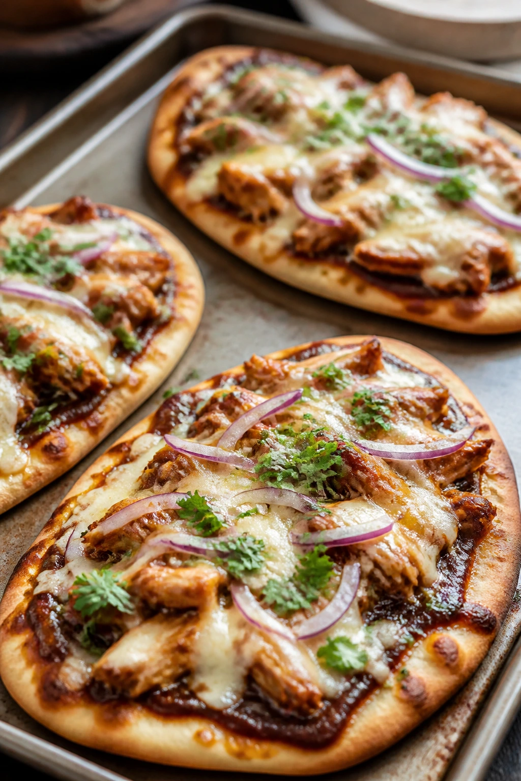 Flatbreads topped with BBQ chicken and cheese on a baking sheet