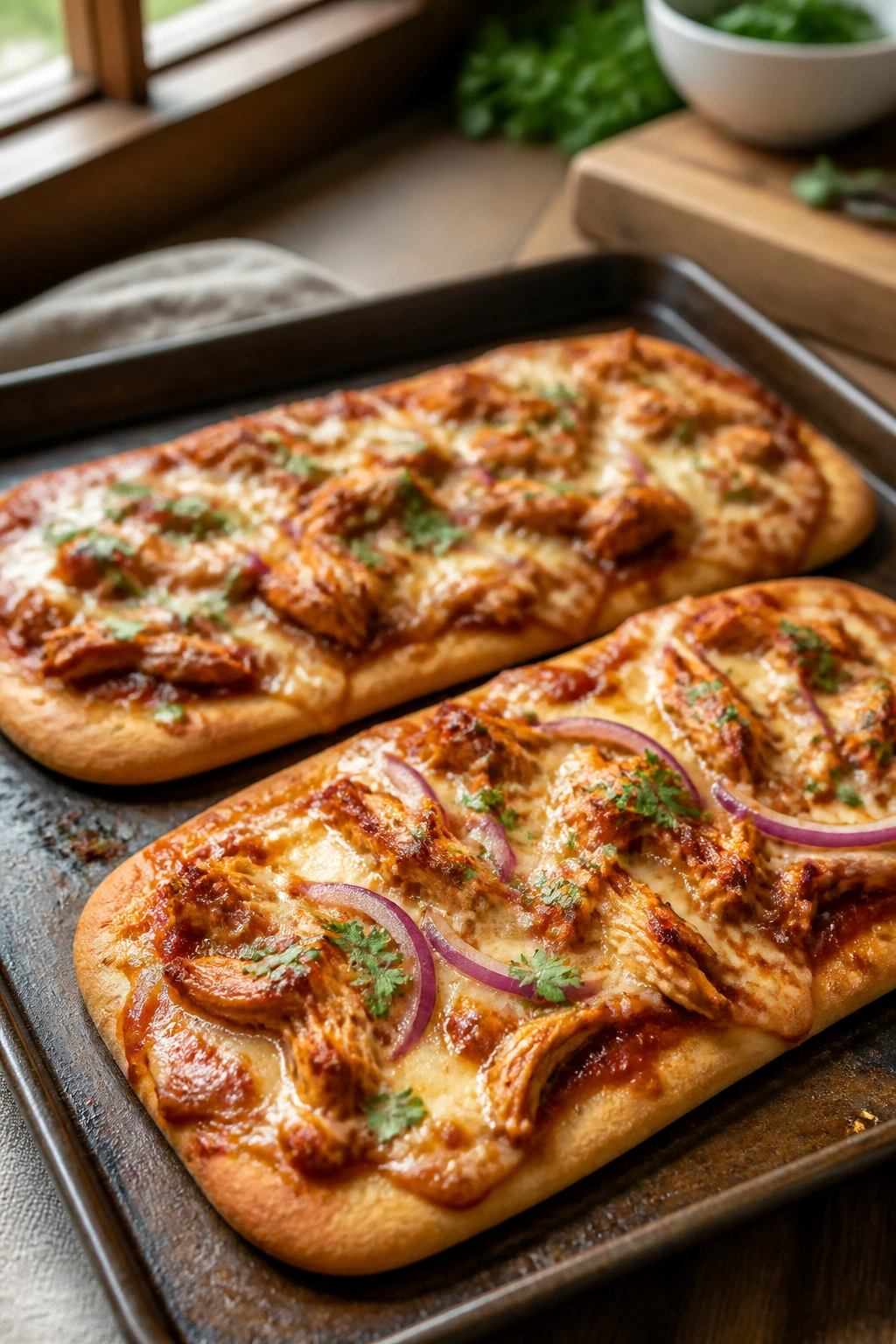 Close-up of two BBQ chicken flatbread pizzas with cheese and onions on a sheet pan in a warm kitchen.