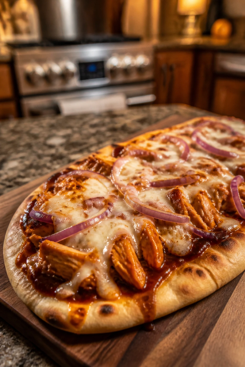 Close-up of BBQ chicken flatbread on a wooden counter