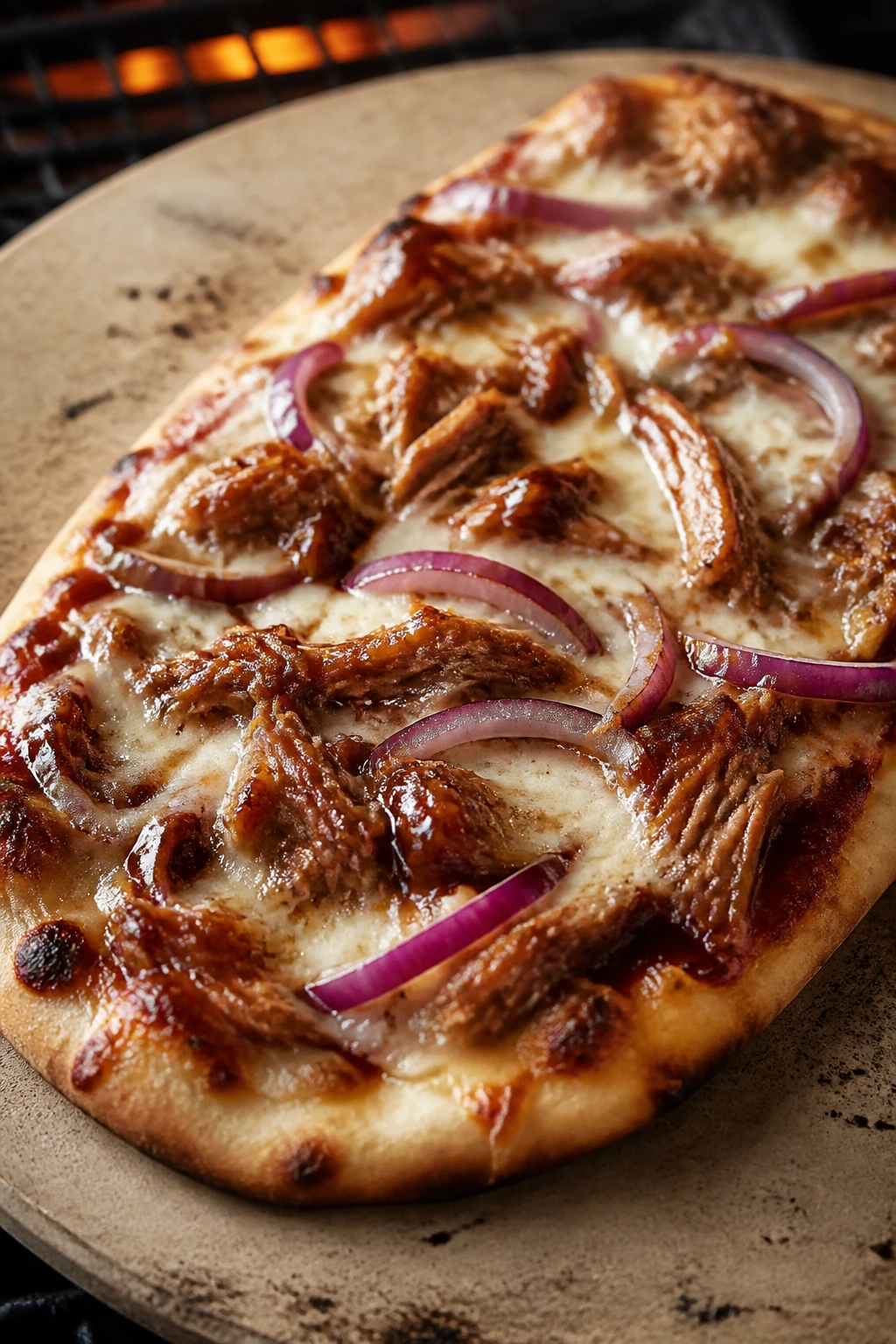 Flatbread topped with BBQ chicken, mozzarella, and red onion.