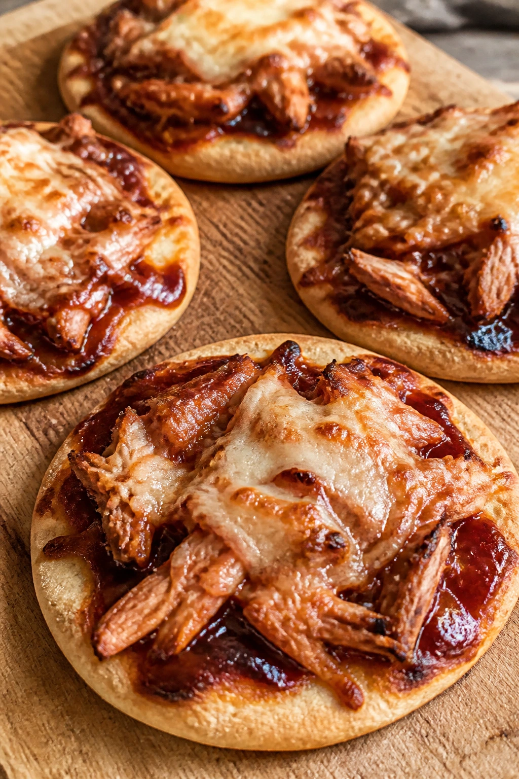 BBQ chicken flatbread rounds on baking sheet