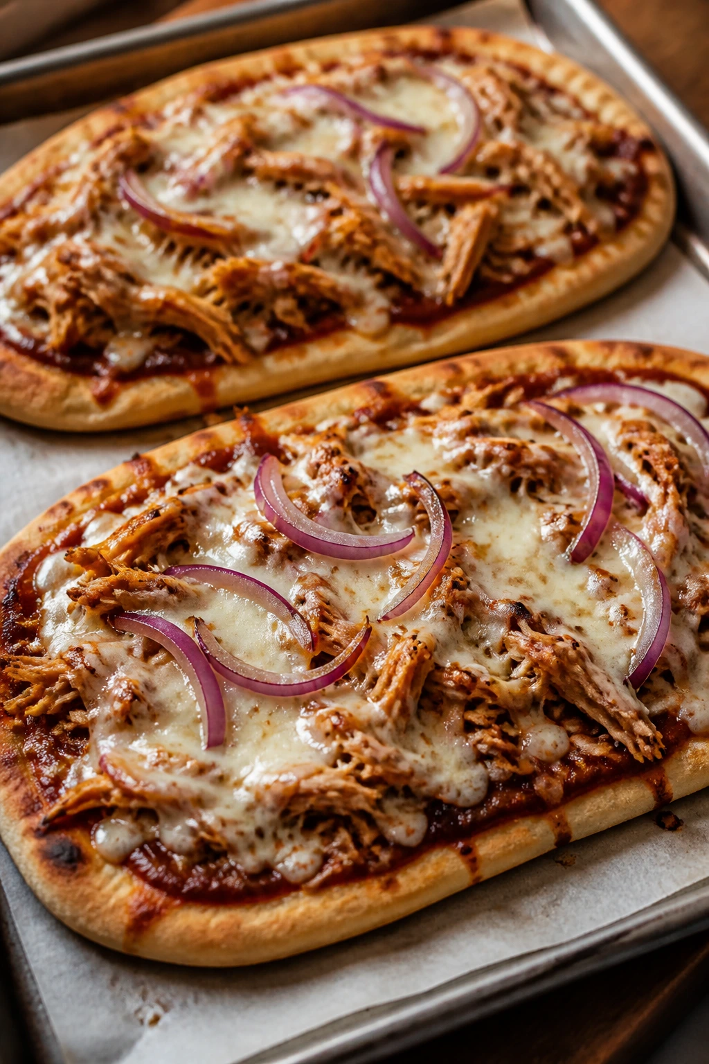 Close-up of BBQ chicken flatbreads with melted cheese on a parchment sheet