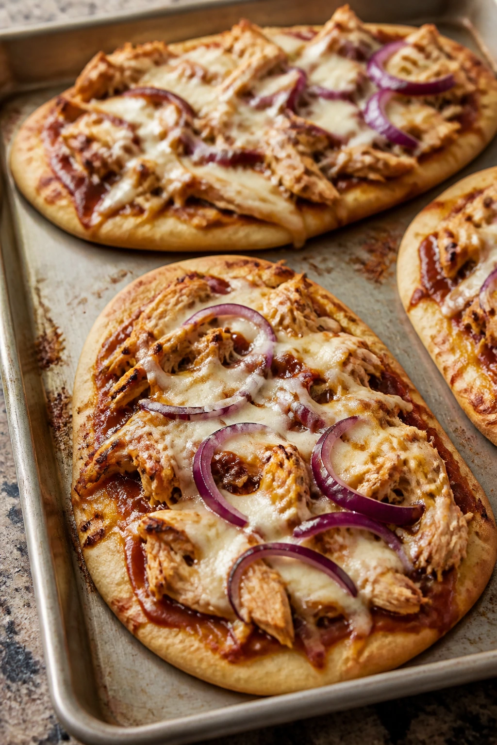 Close-up of BBQ chicken flatbreads with cheese and onion