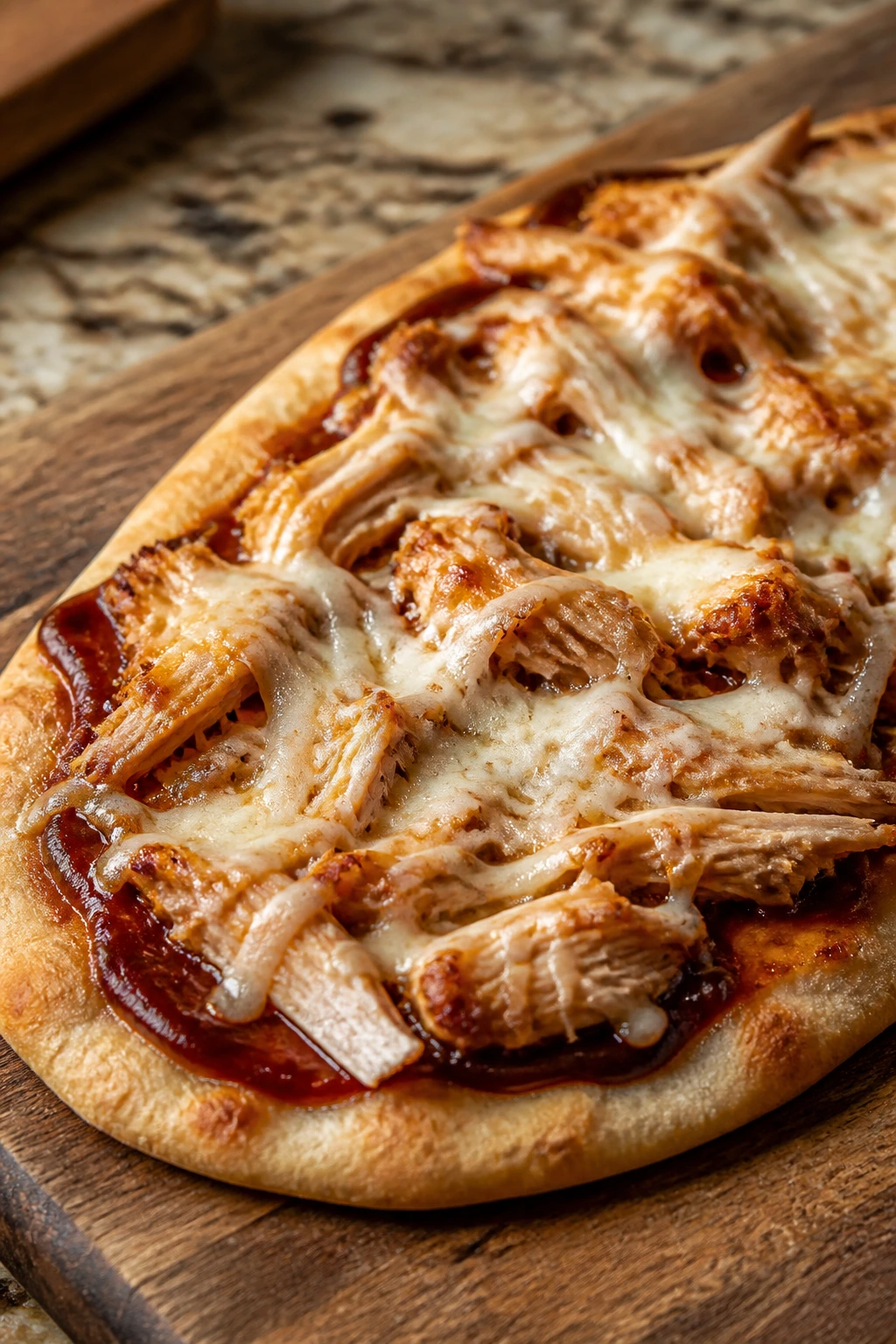 BBQ chicken flatbread on a wooden board with melted cheese and shredded chicken