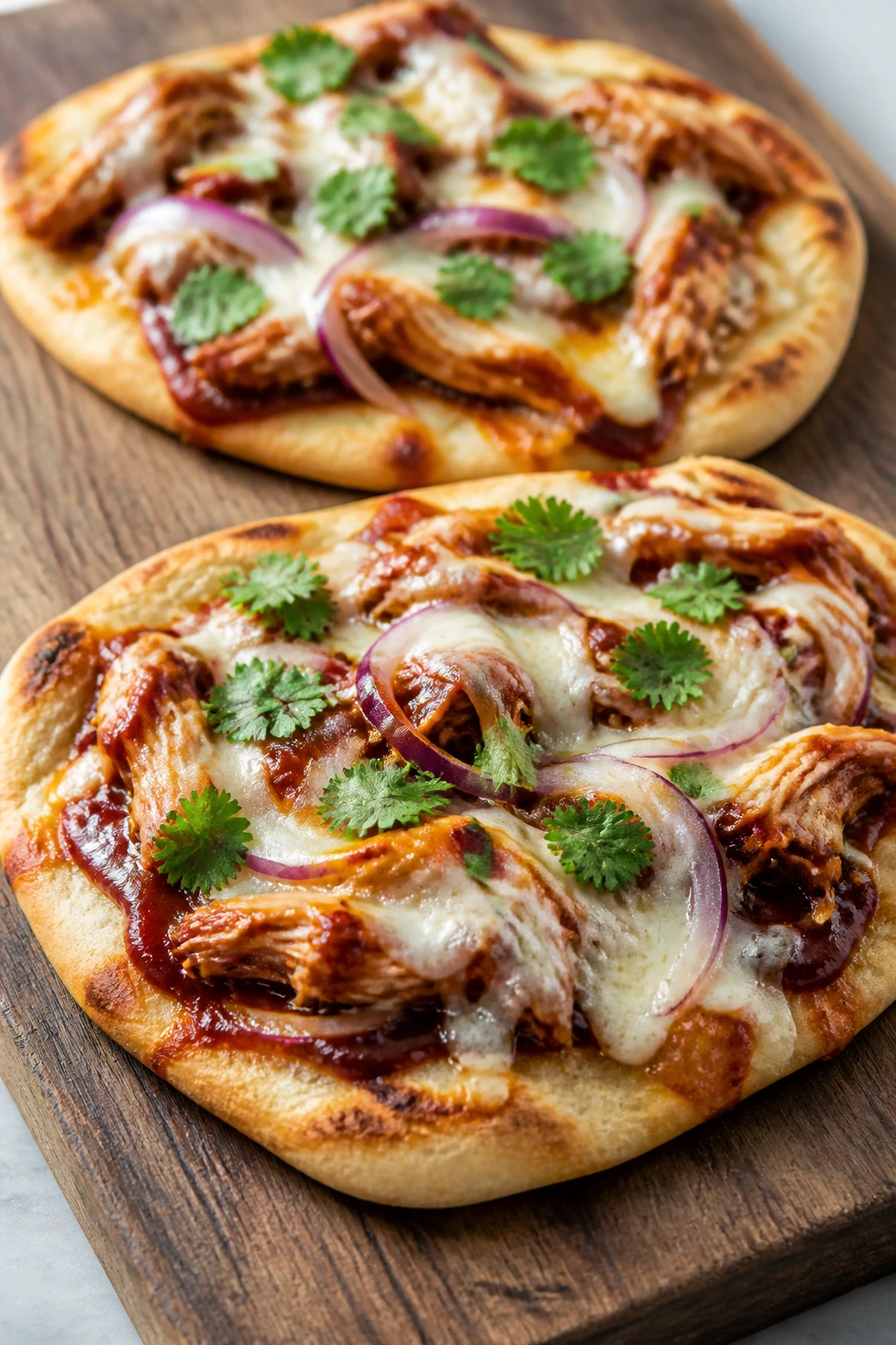 BBQ chicken flatbreads with cheese and onions on board