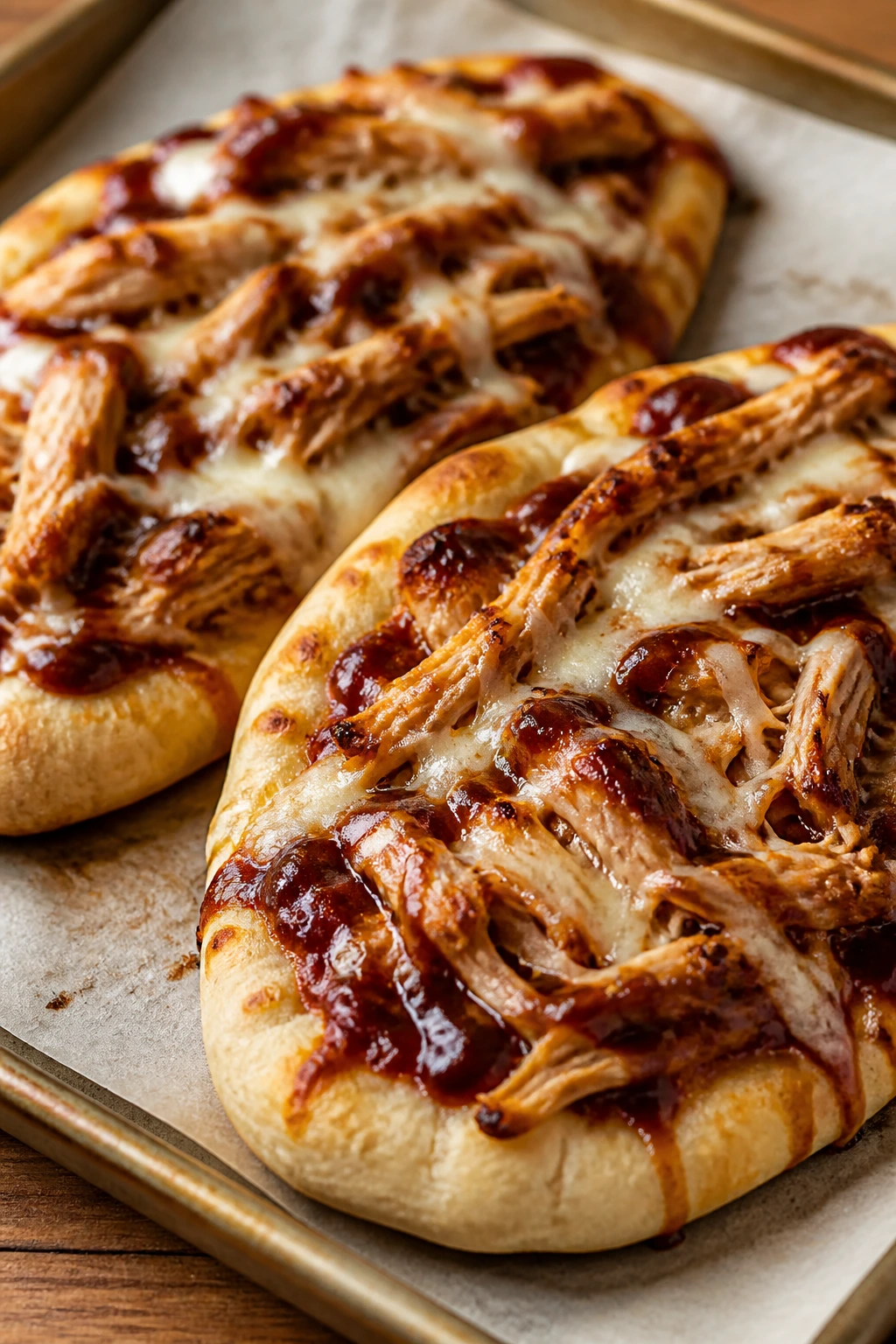 Close-up of BBQ chicken flatbreads with melted cheese