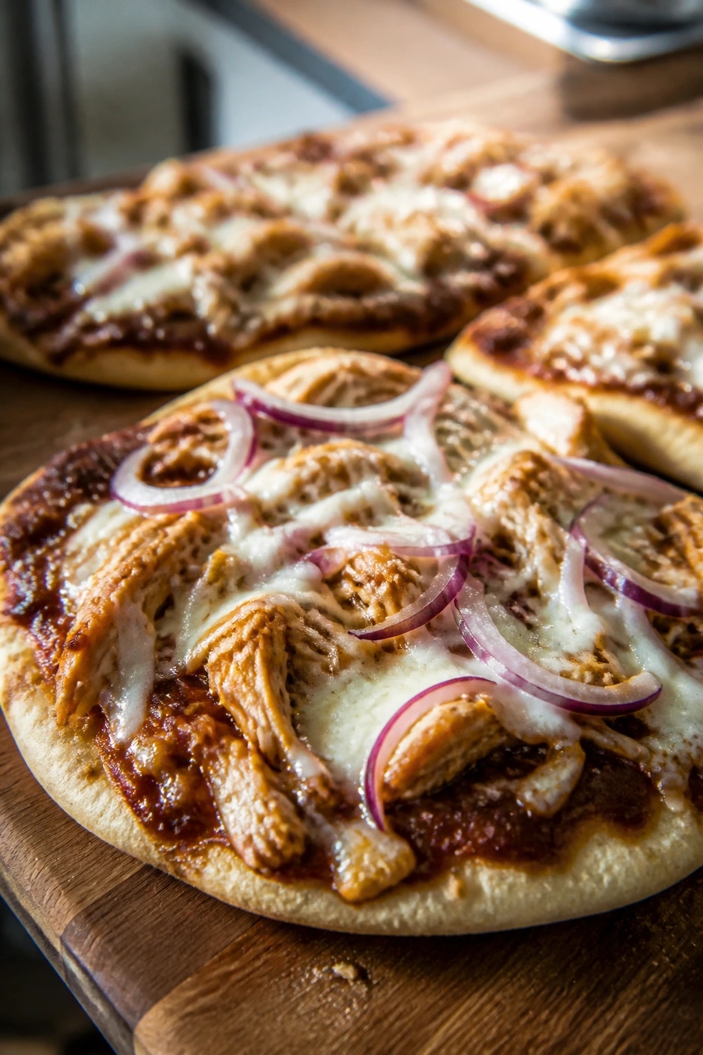 Close-up of BBQ chicken flatbreads with mozzarella on a wooden board