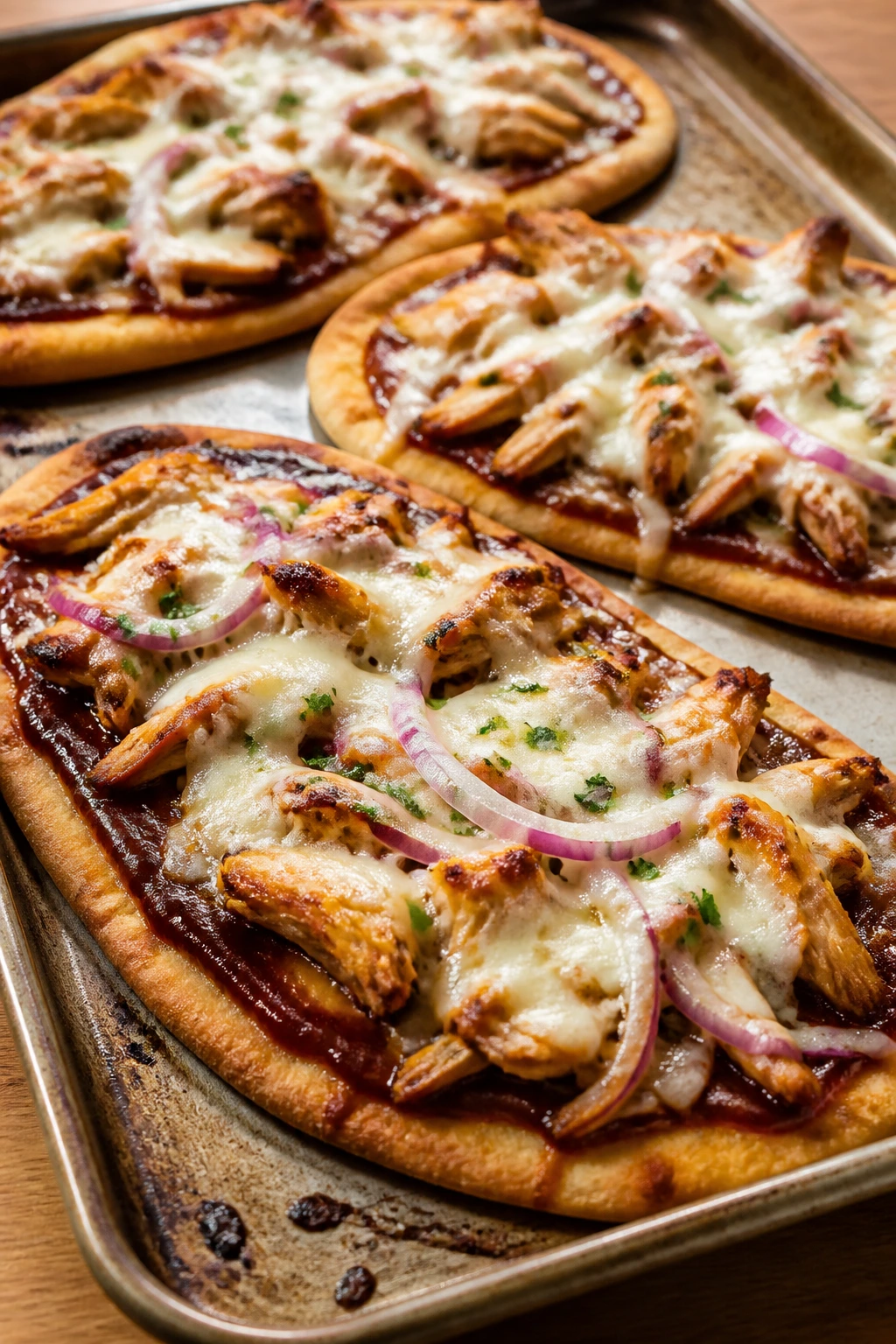 BBQ chicken flatbreads topped with onion and cheese
