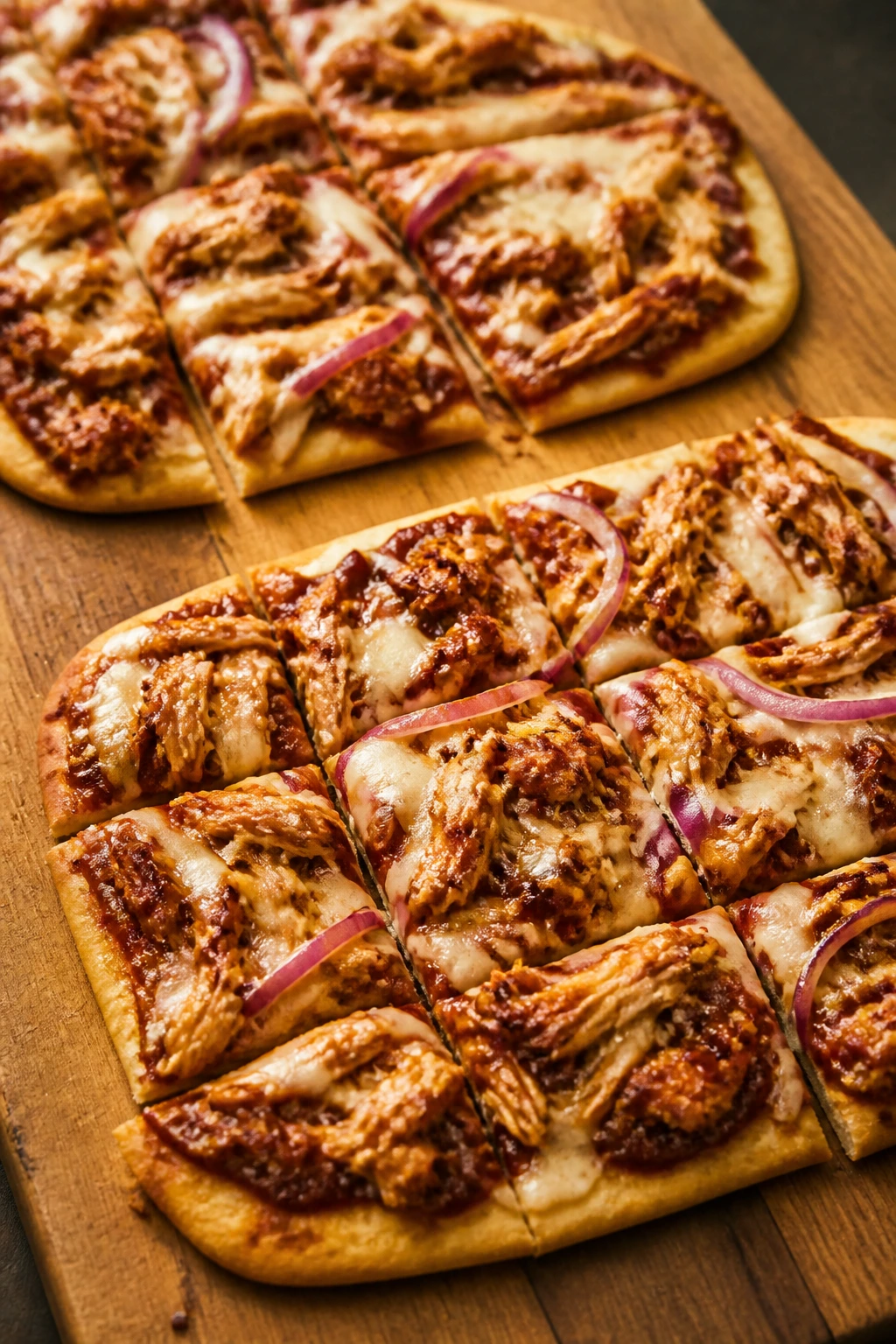 Close-up of BBQ chicken flatbreads with cheese and red onion on wooden board