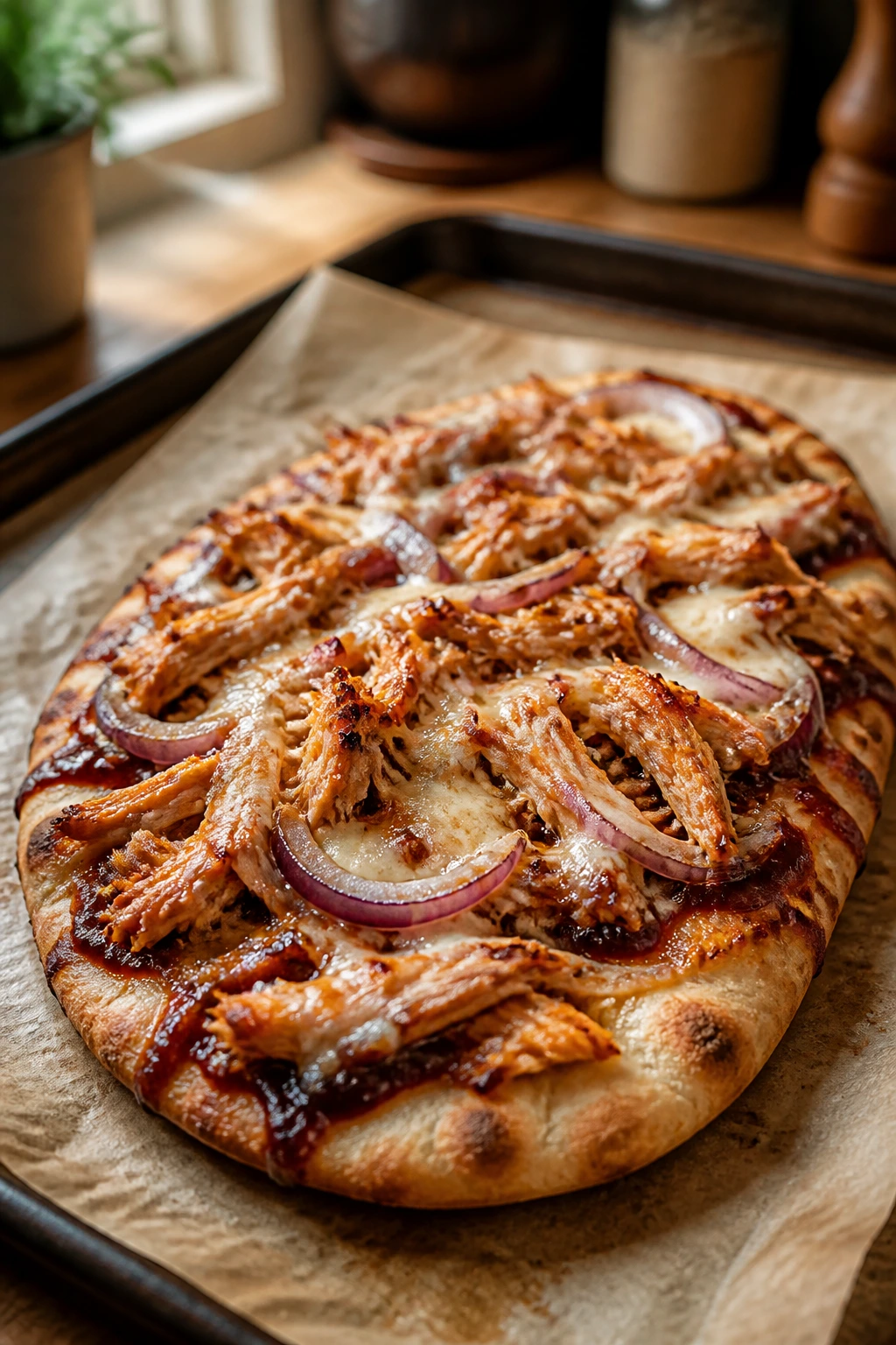 Close-up of BBQ chicken flatbread with cheese and onion on a baking sheet in a warm kitchen