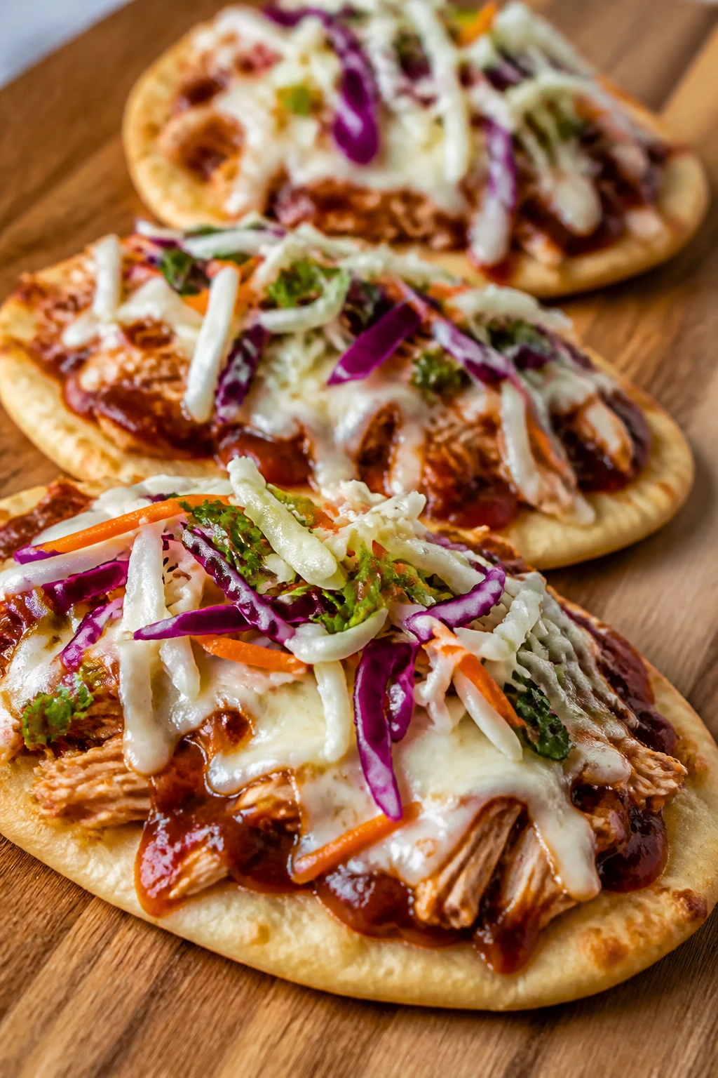 Close-up of BBQ chicken flatbreads with slaw
