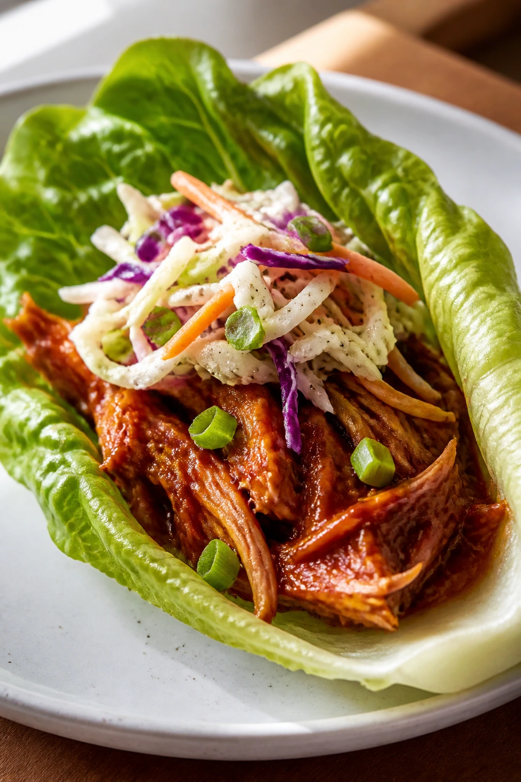 BBQ chicken lettuce cup with slaw on plate