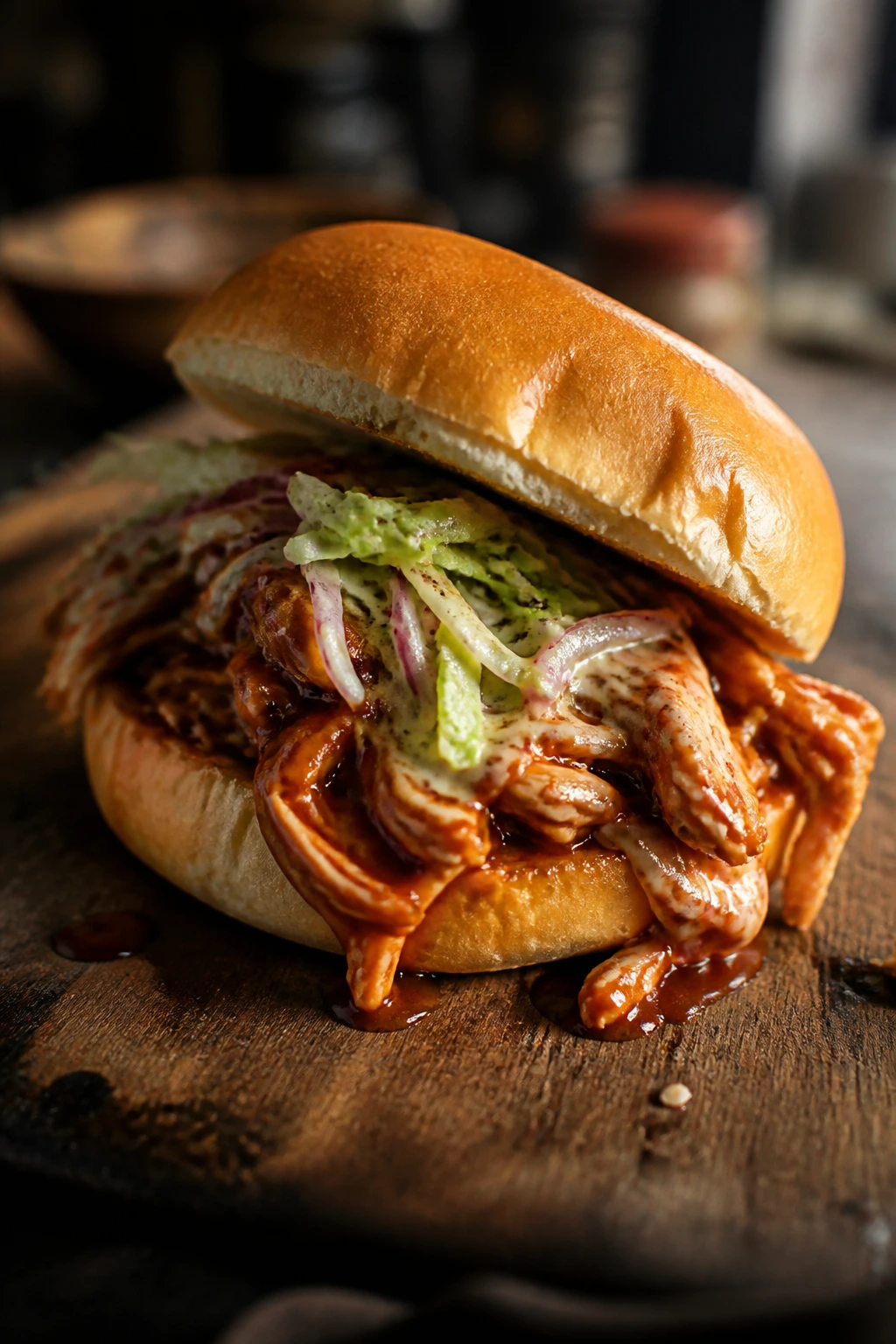 Messy BBQ chicken sandwich showing sauce leaking and a toppled bun.