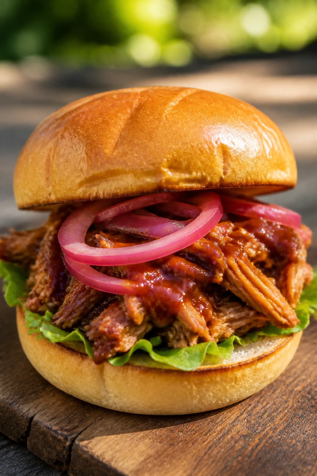 Close-up of BBQ Chicken Sandwich with Pickled Onion on brioche bun outdoors