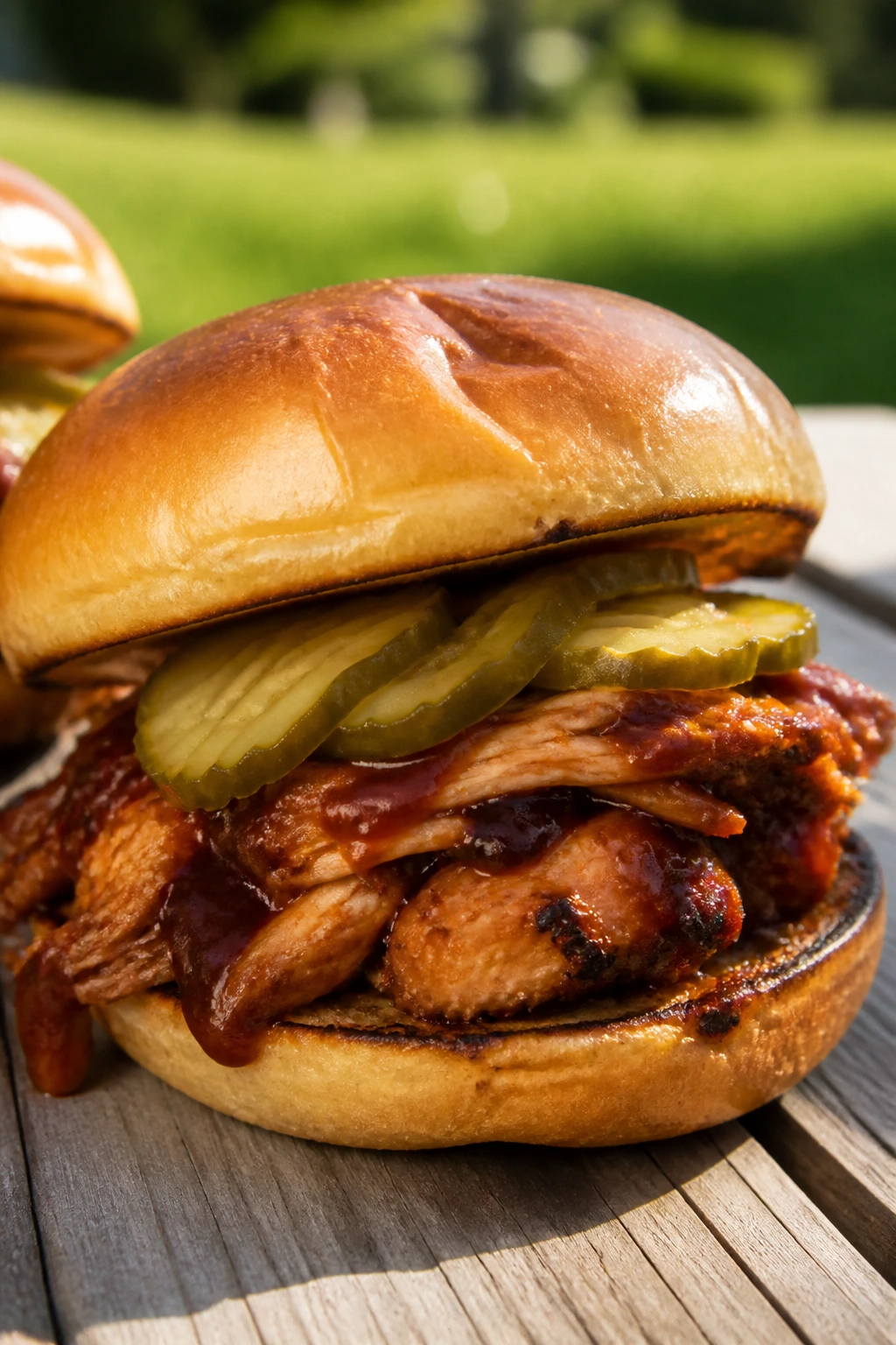 Close-up of BBQ chicken sandwich with pickles outdoors