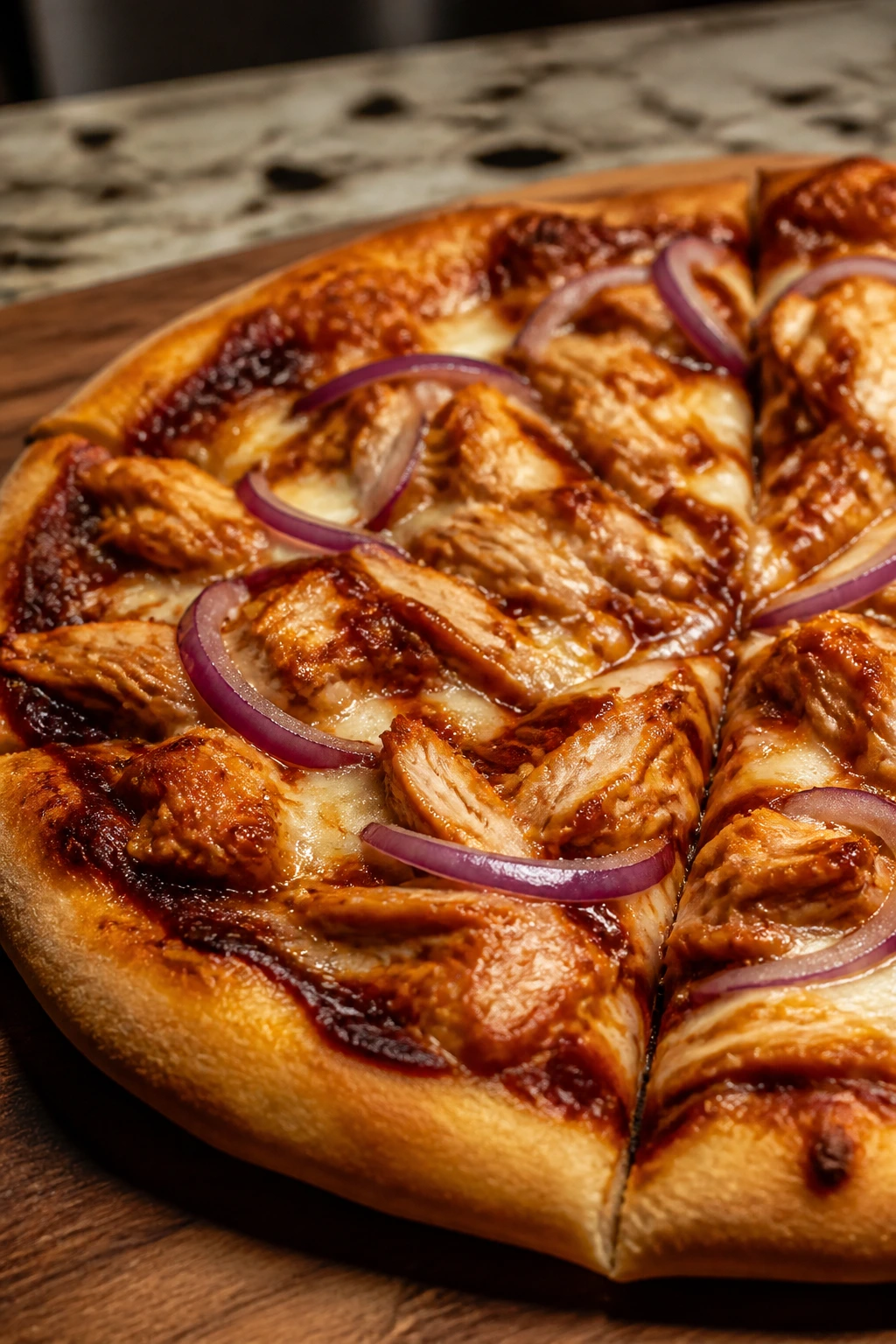 Close-up of BBQ Chicken Pizza on a wooden board.