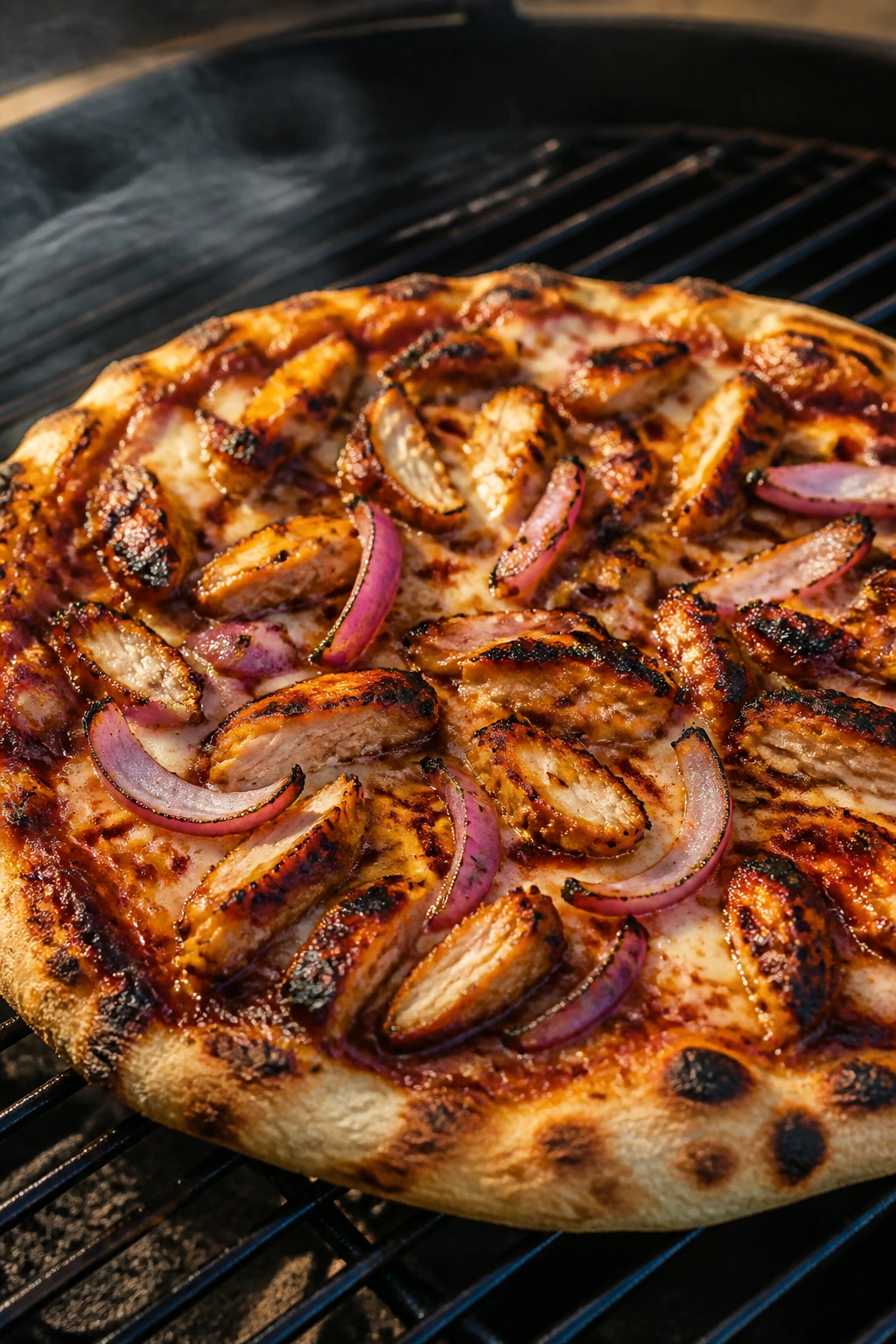 Grilled BBQ chicken pizza with smoky crust
