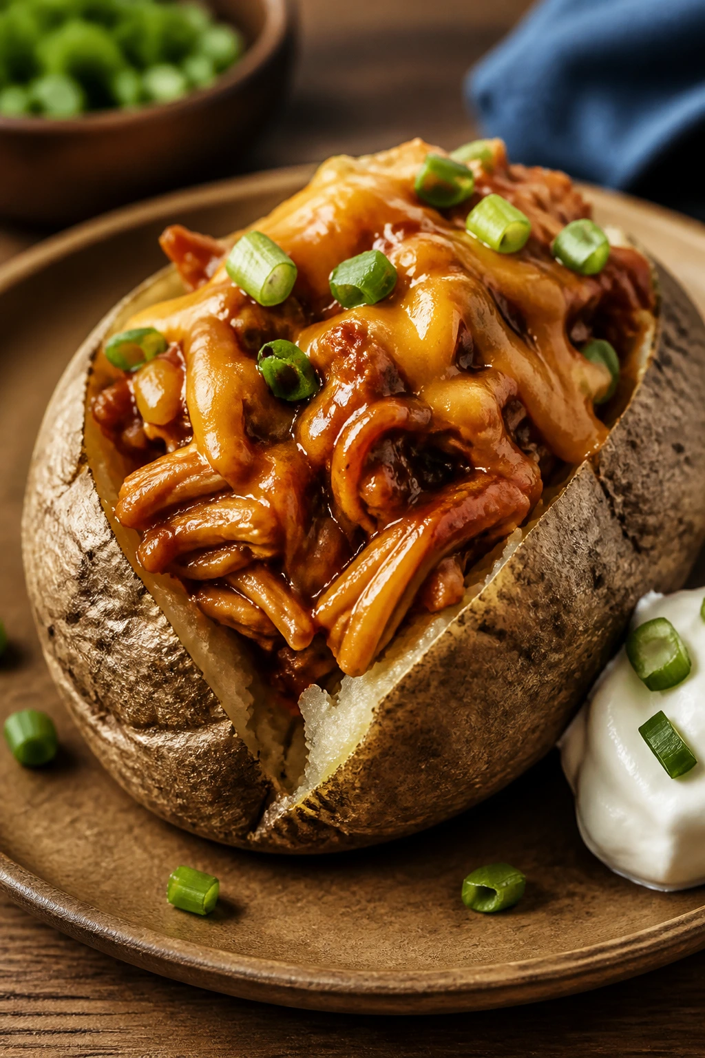 Loaded BBQ chicken baked potato with cheddar