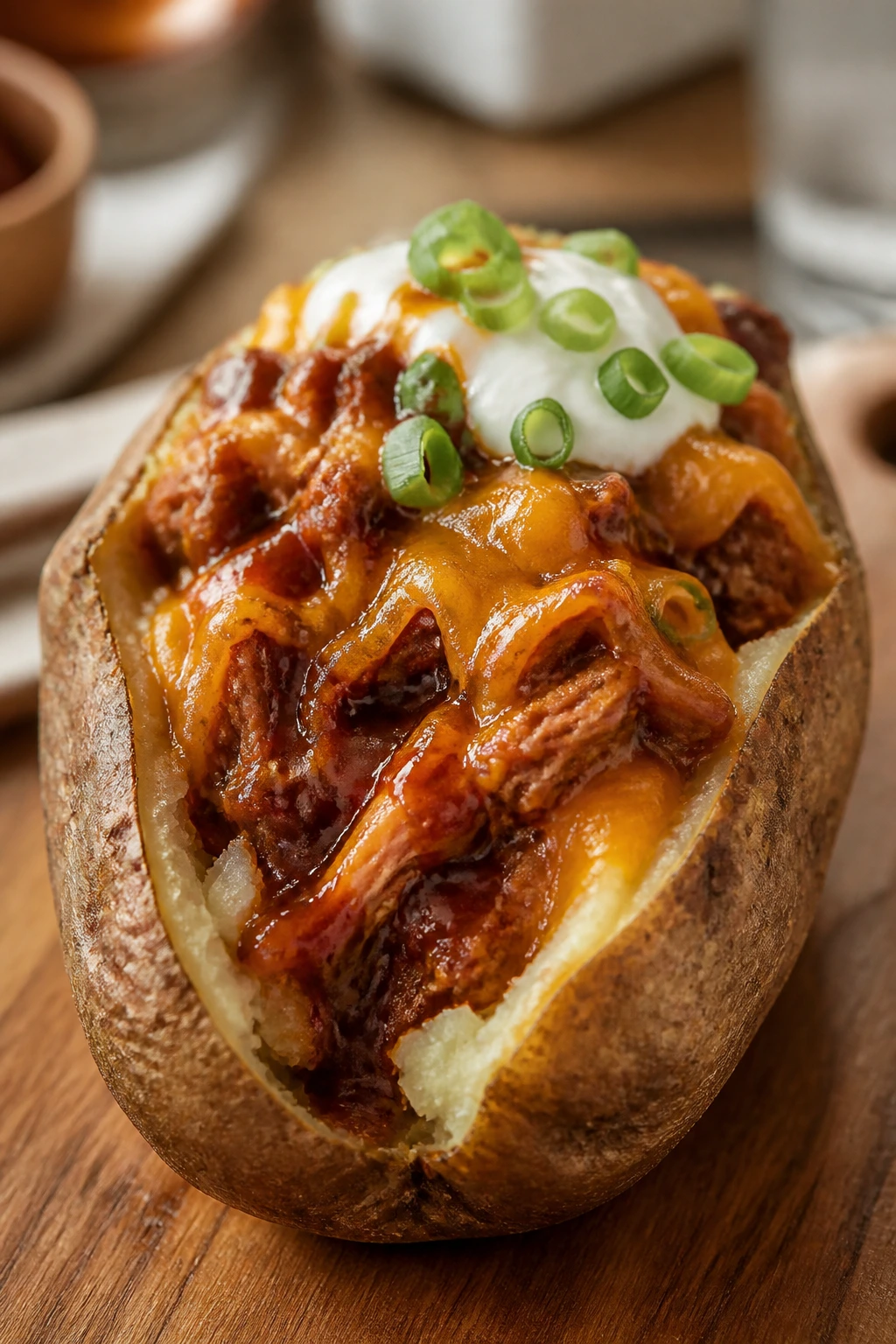 Close-up of loaded BBQ chicken baked potato on a wooden board