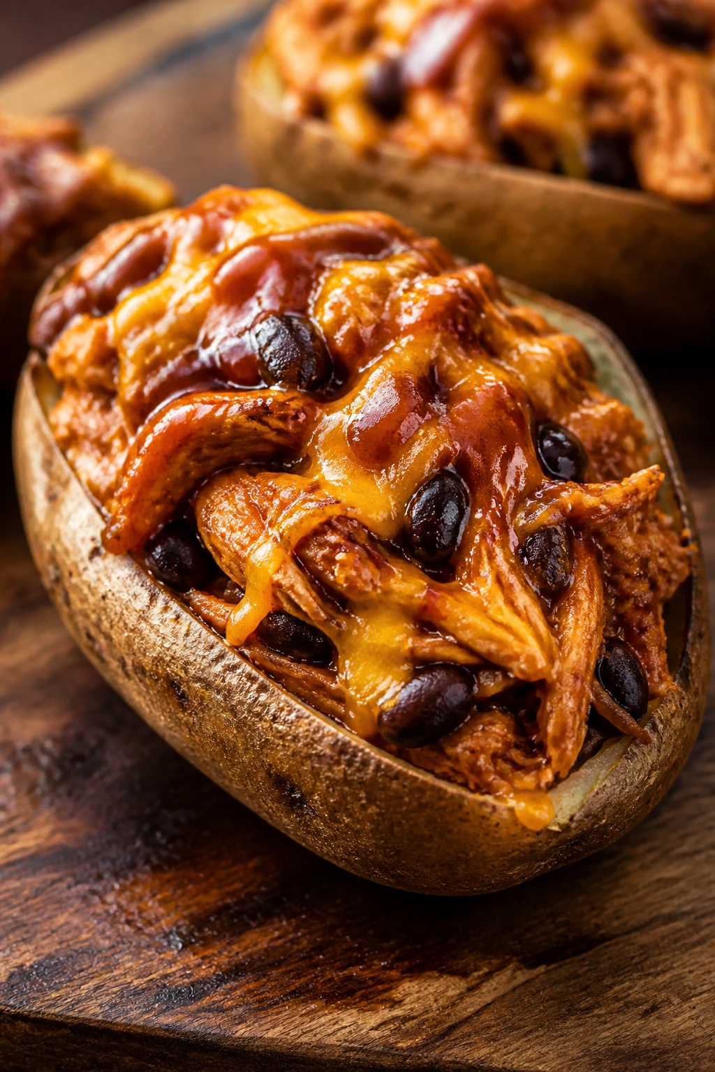 Close-up of BBQ chicken stuffed potato halves on a wooden board