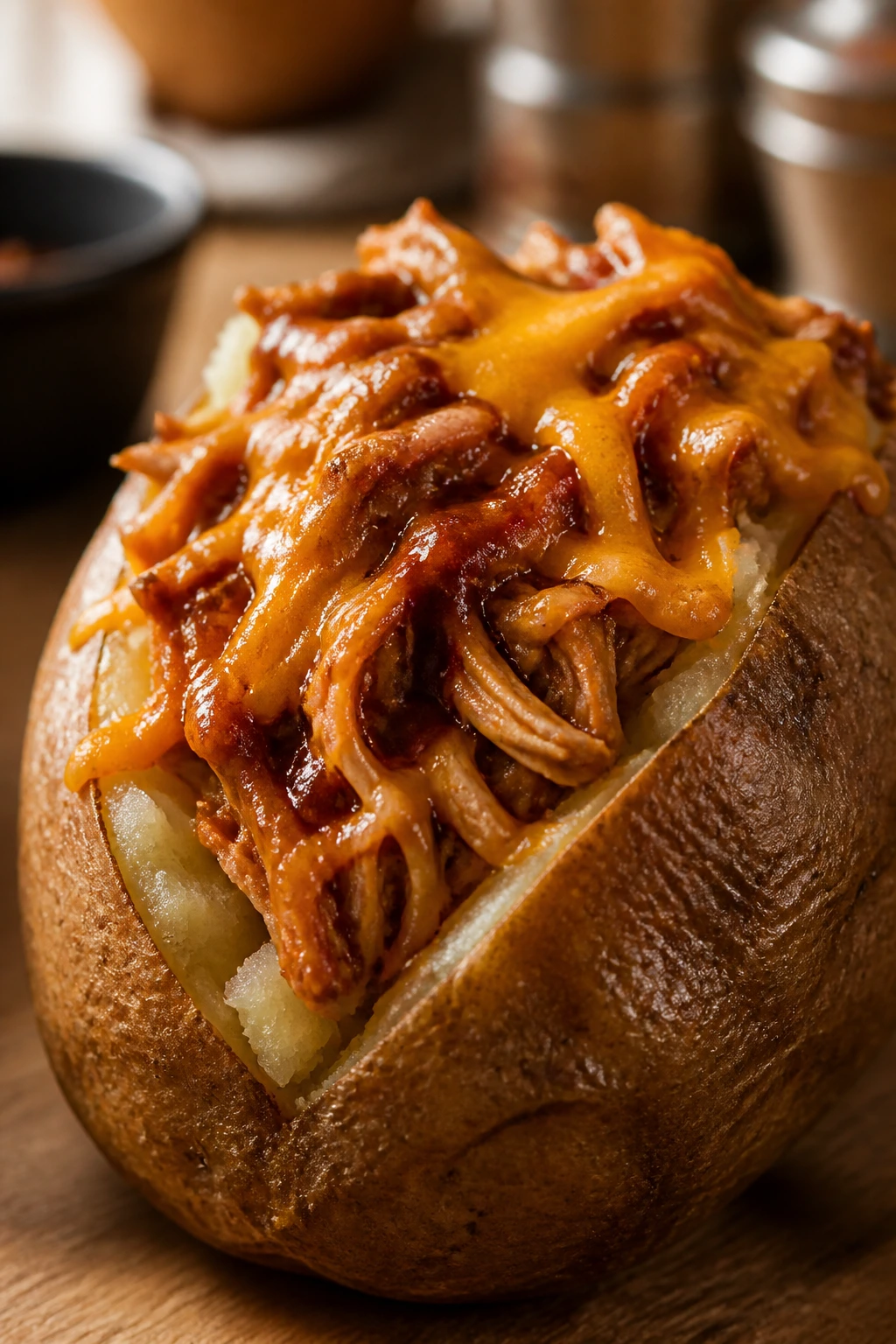 Russet potato stuffed with BBQ chicken and cheddar
