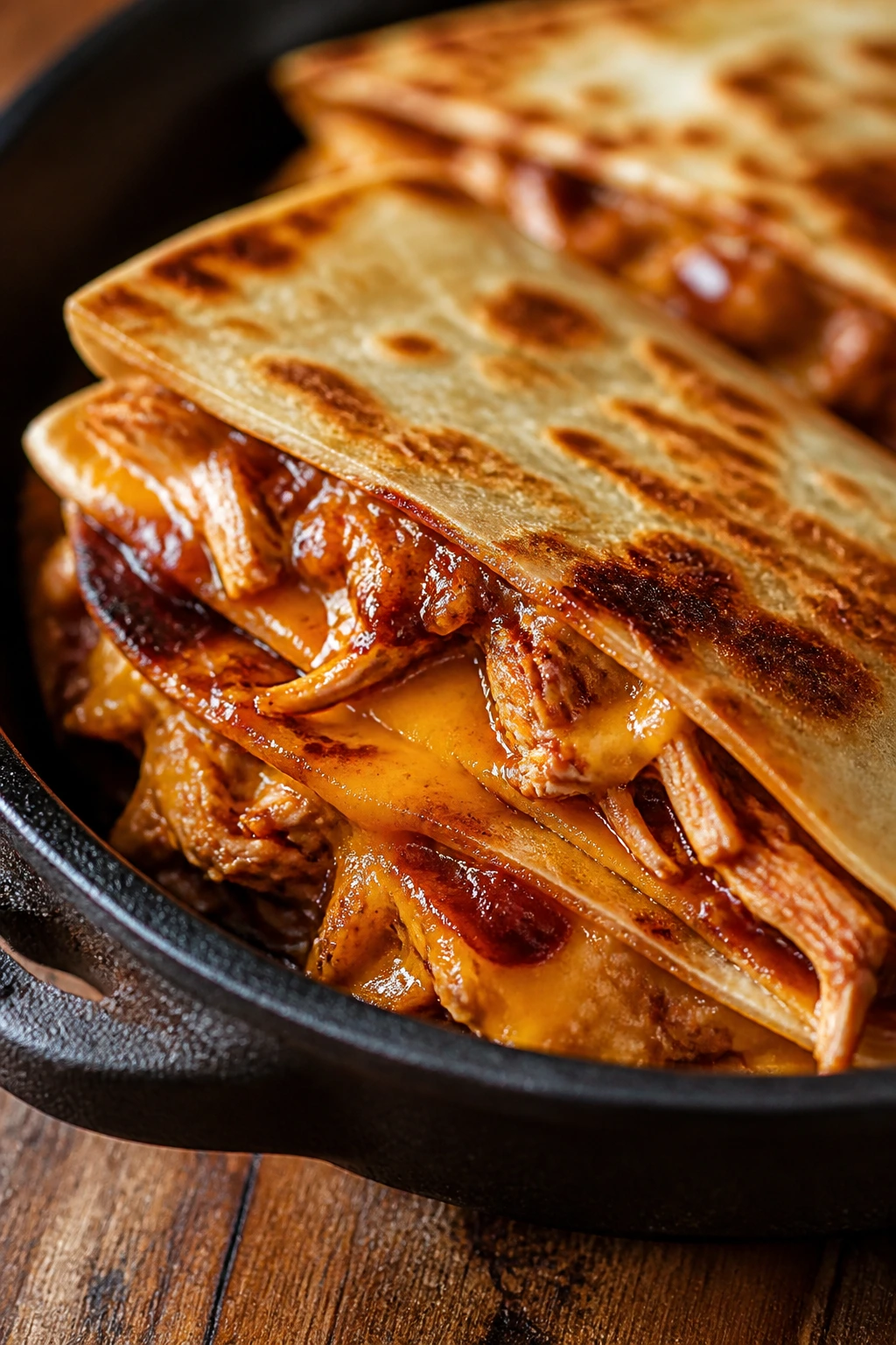 Close-up of a BBQ chicken quesadilla wedge with melted cheese and crisp tortilla