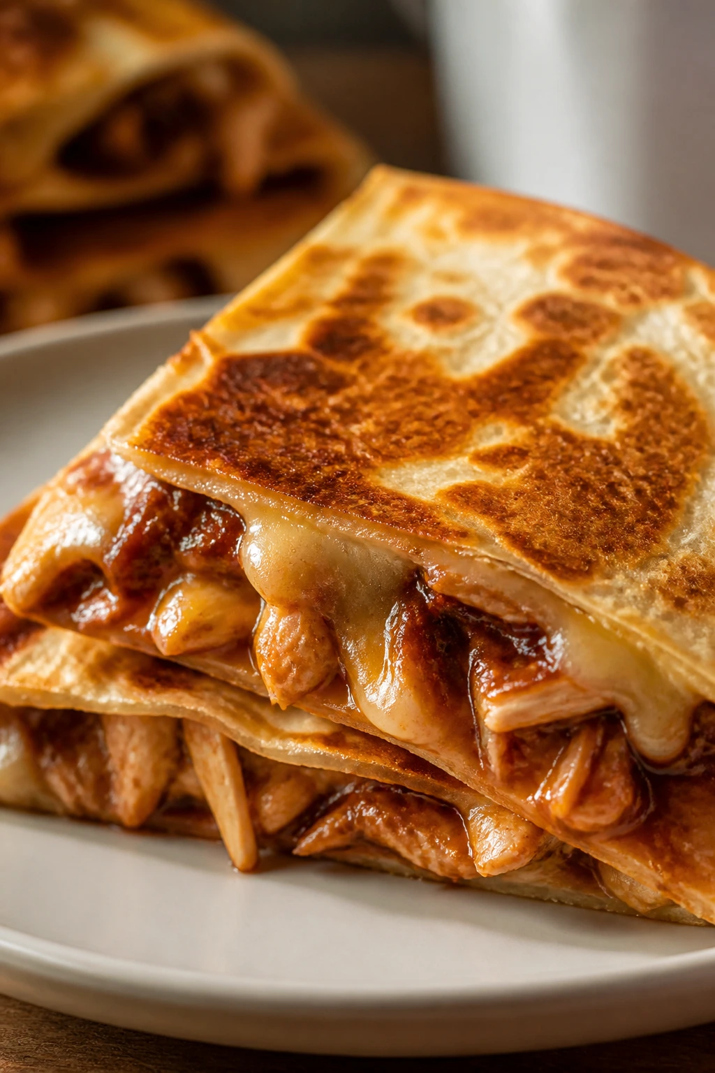Close-up of BBQ chicken quesadilla wedge with melted cheese