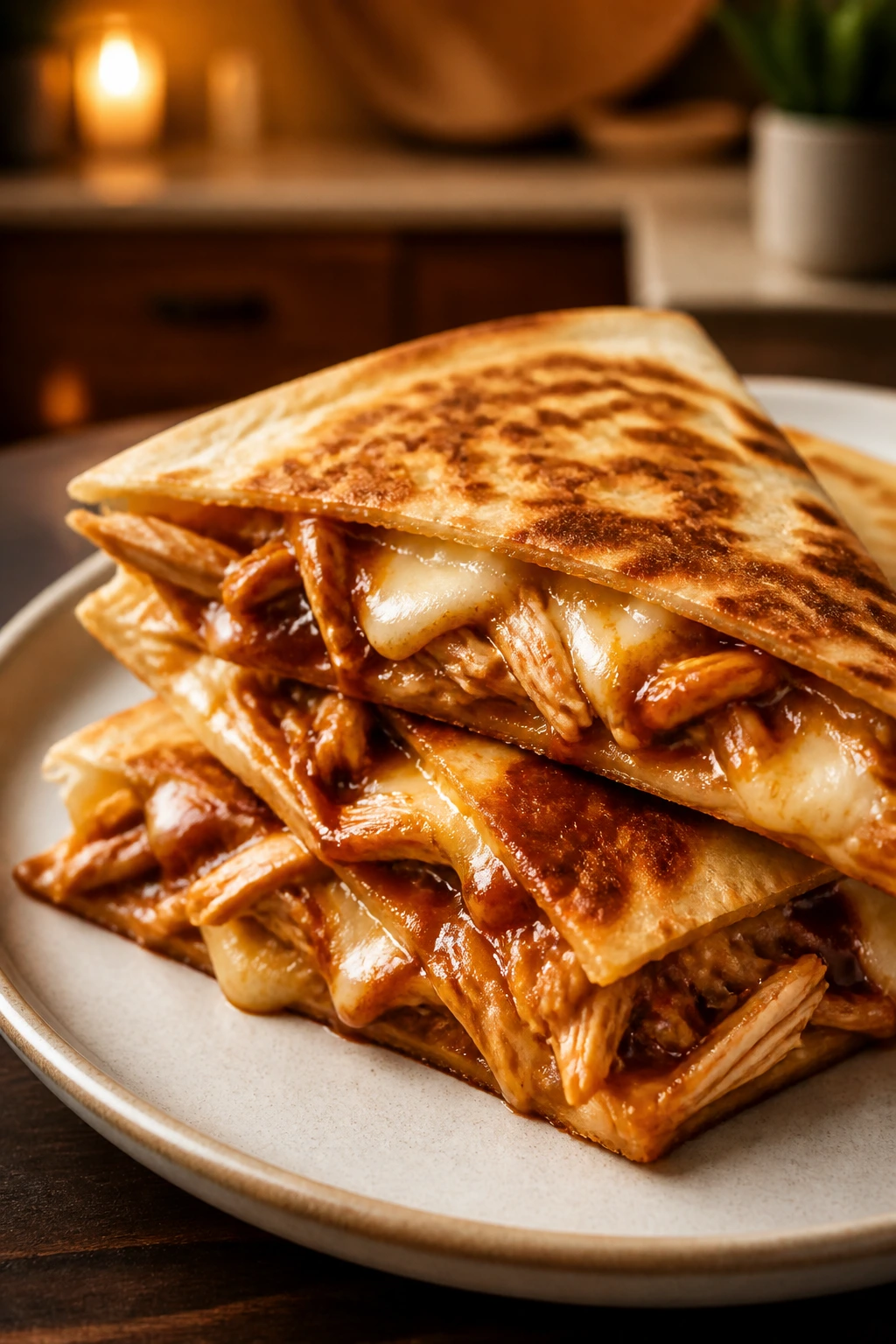 Close-up of BBQ chicken quesadilla wedge on a plate