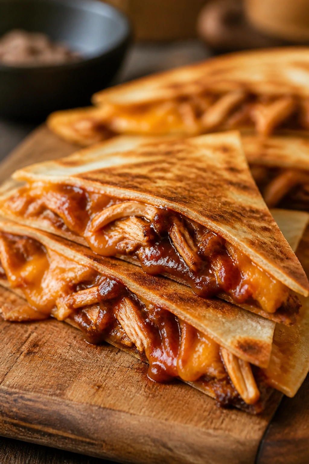 Cross-section of BBQ chicken quesadilla with cheese and shredded chicken inside