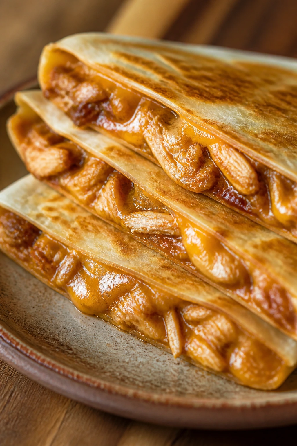 Close-up of BBQ chicken quesadillas on a plate with melted cheese