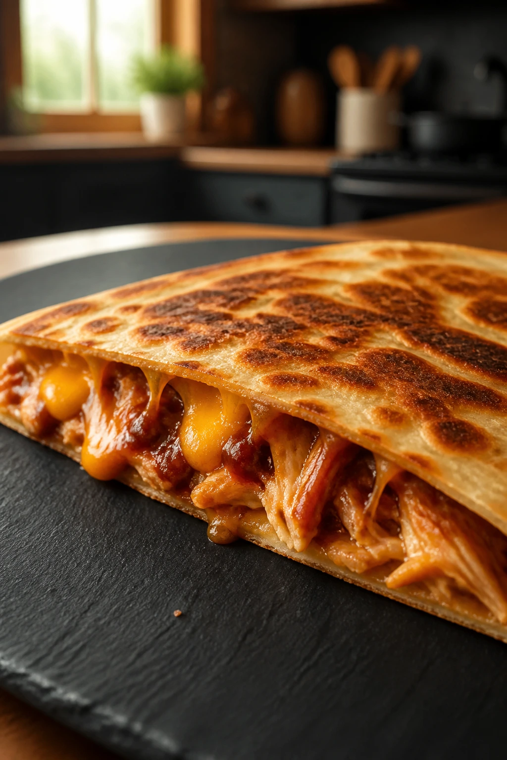 Close-up of a BBQ chicken quesadilla wedge with melted cheese on a slate plate