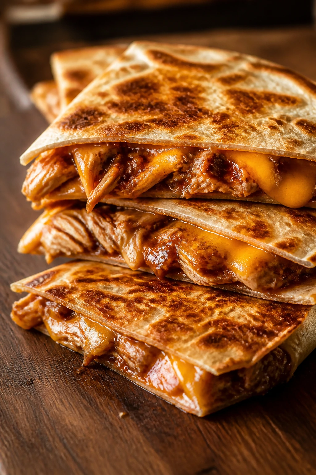 Close-up of BBQ chicken quesadillas cut into wedges with melted cheese