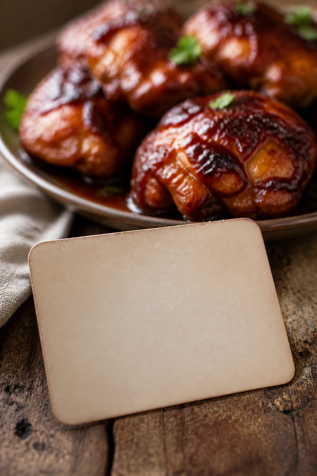 Blank recipe card foreground with BBQ chicken in the background