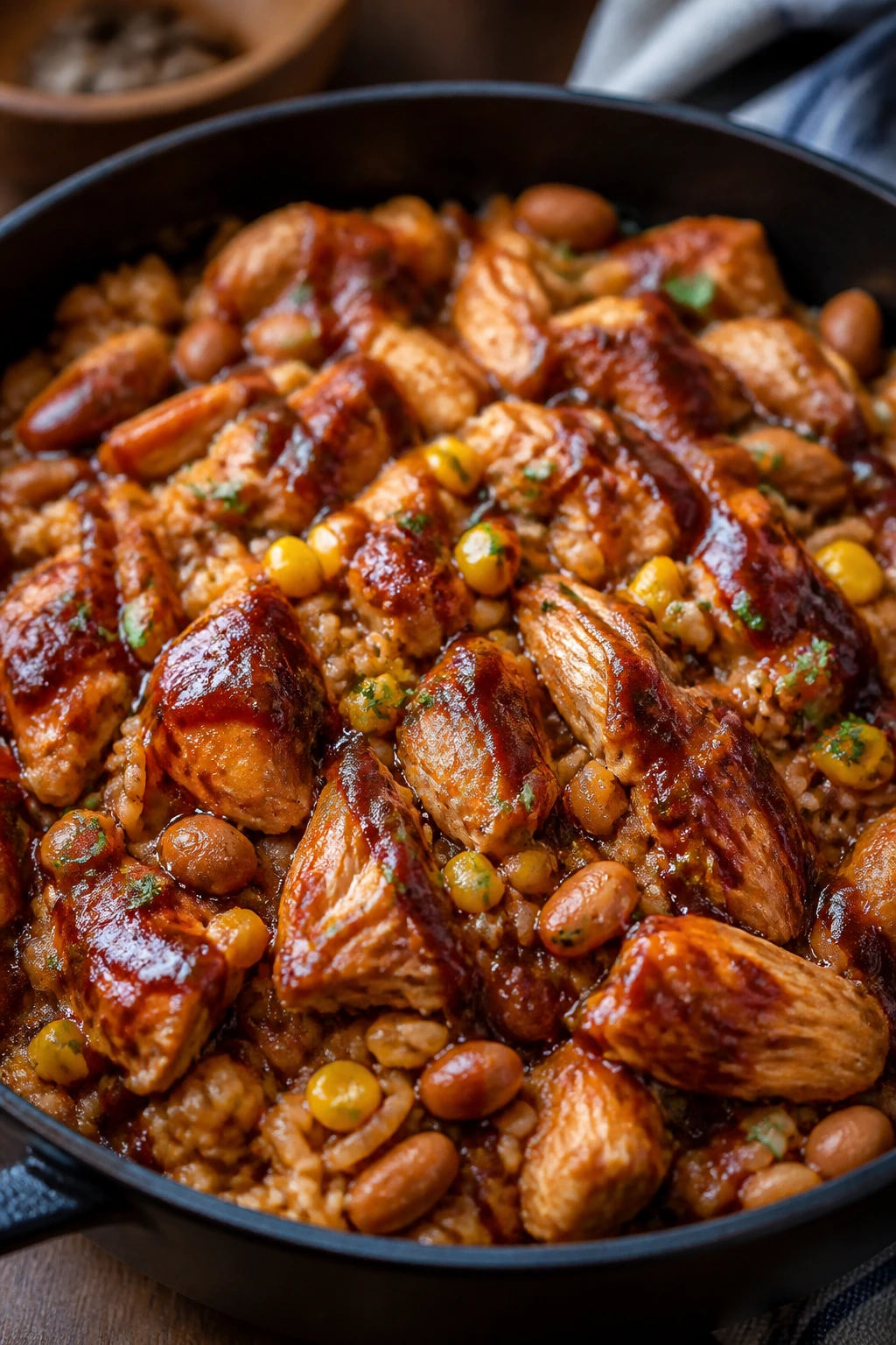 Rice bowl with BBQ chicken, beans, and corn in a cozy kitchen