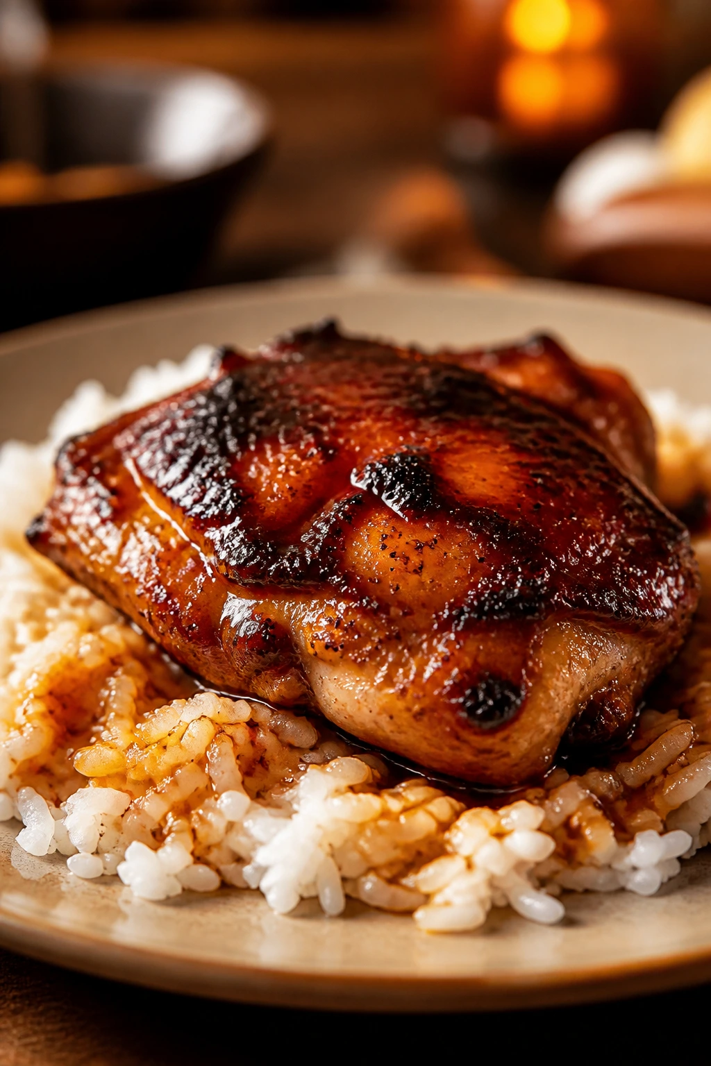 Plated BBQ chicken thigh on rice with glossy glaze