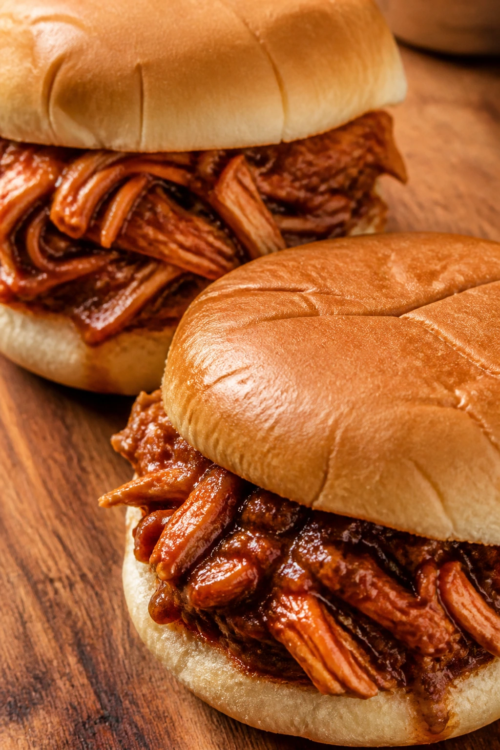 BBQ chicken sandwiches on buns with sauce