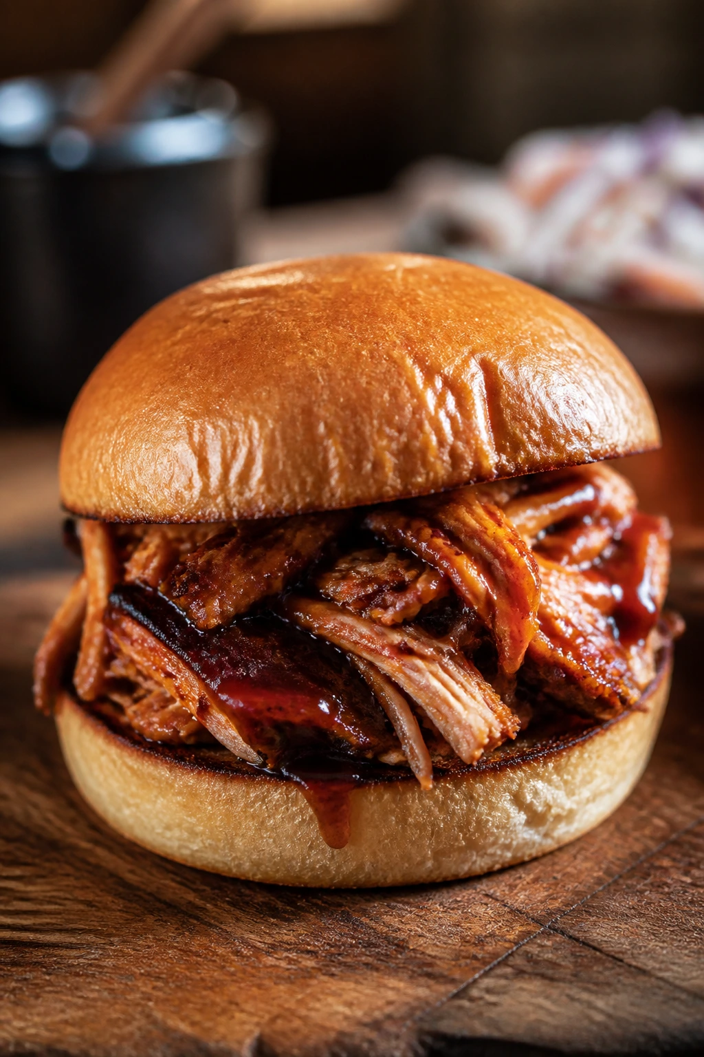 Close-up BBQ chicken sandwich with glossy sauce on a bun