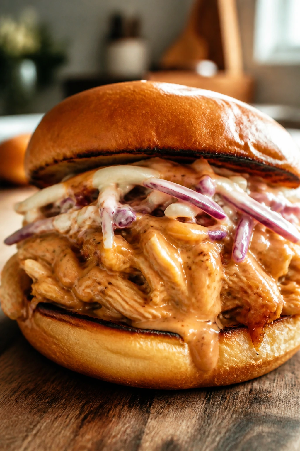 Close-up of a creamy BBQ chicken sandwich with shredded chicken and cabbage on a toasted bun