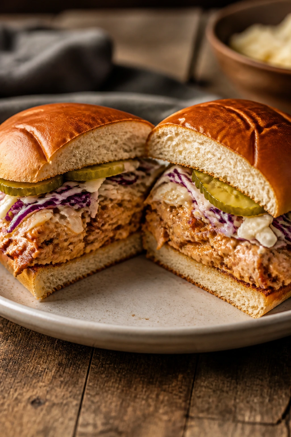 Plate with a crisp-edged creamy BBQ chicken sandwich and toppings