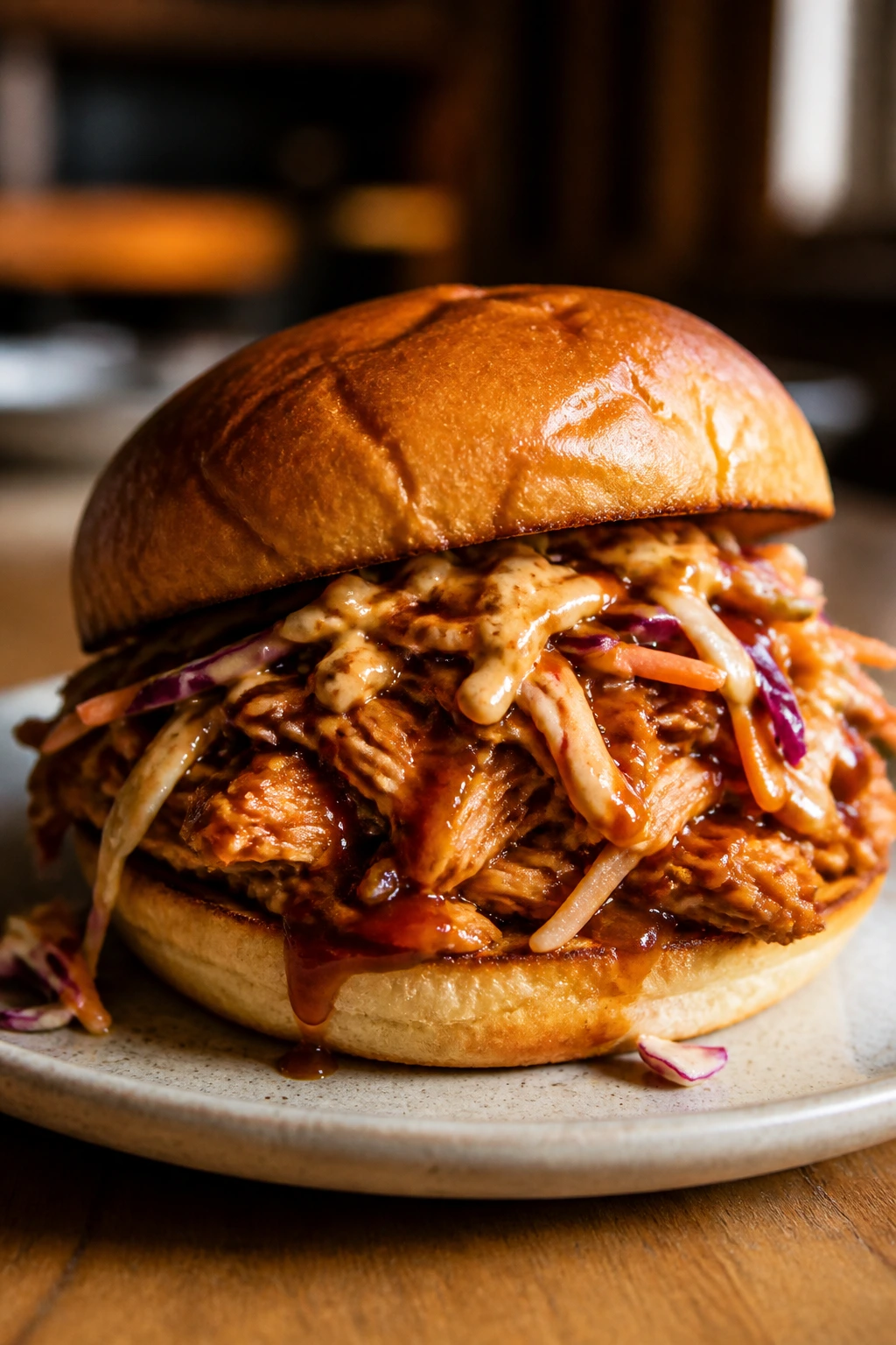Fully assembled creamy BBQ chicken sandwich on a toasted bun.