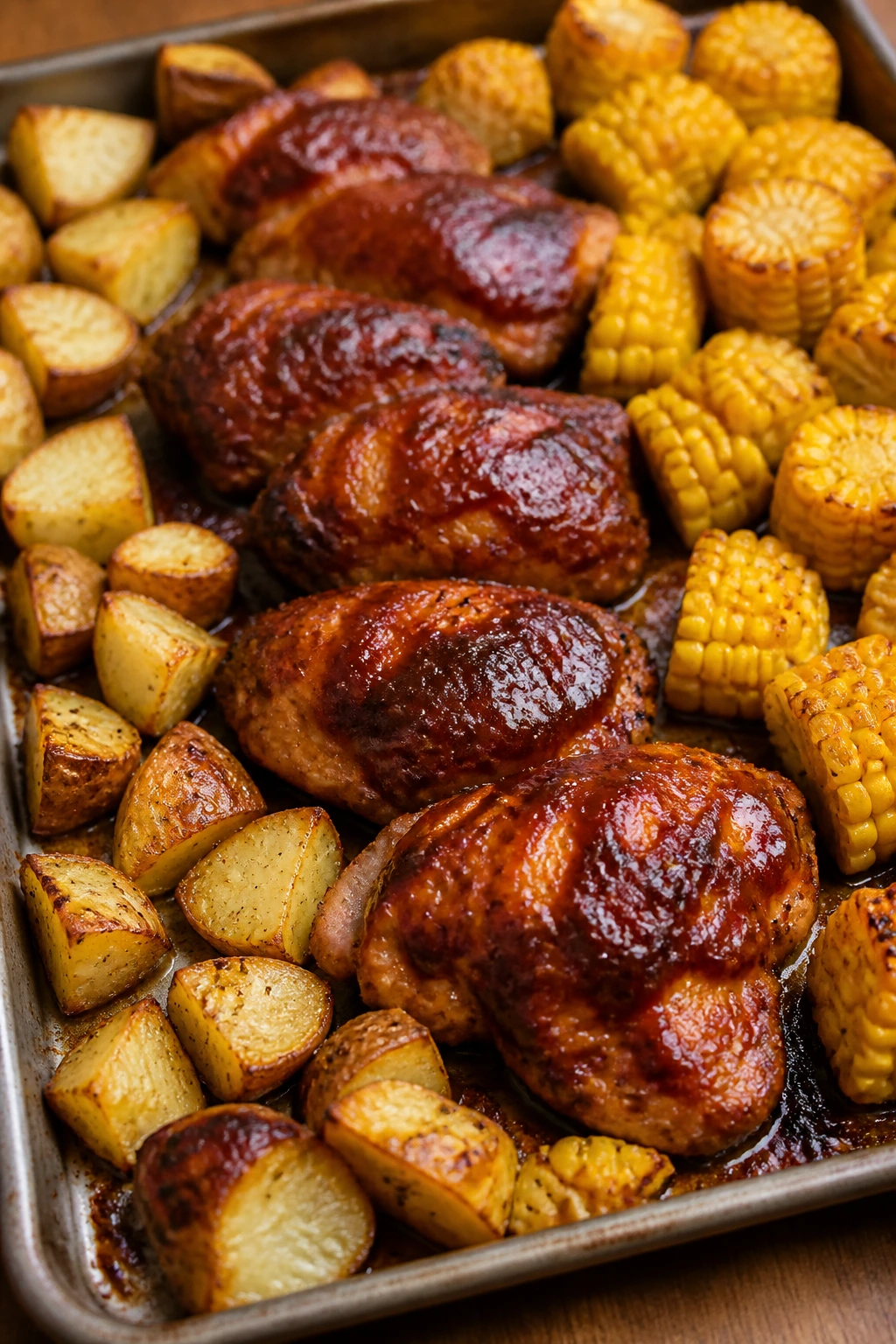 Sheet pan BBQ chicken with potatoes and corn on a baking sheet